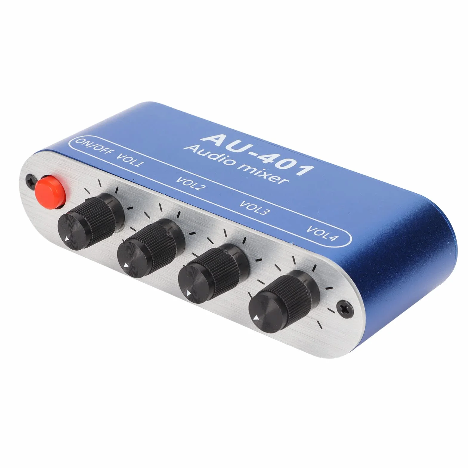 Mini mikser audio, 4-kanałowy mikser liniowy z gniazdem stereo 3,5 mm, 4 wejścia 1 wyjście stereo, mikser stereo DC 5 V-12 V do komputera, telefonu, laptopa, słuchawek, małych klubów lub barów