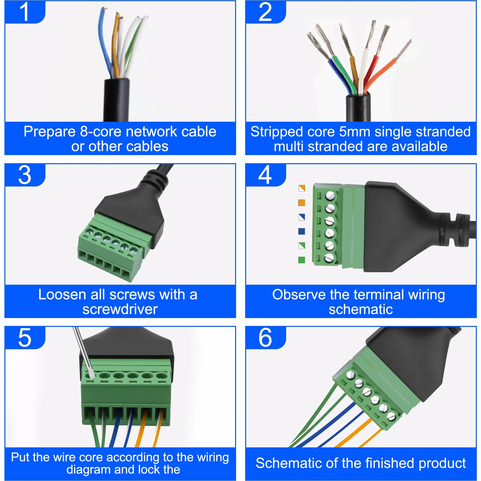 XMSJSIJ rj12 zacisk śrubowy na 6-pinowy, bezlutowy adapter, kabel przedłużający, wtyczka na 6-pinowy, przedłużacz do telefonu stacjonarnego, 2 szt