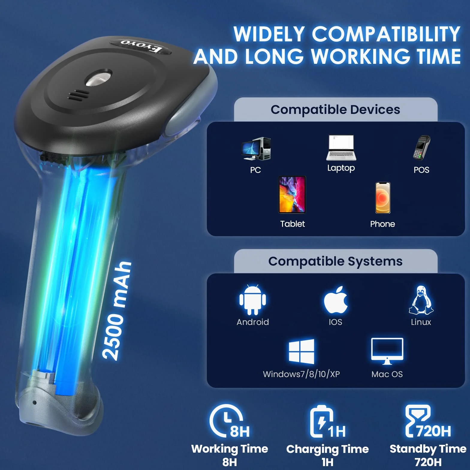 Eyoyo Bezprzewodowy skaner kodów kreskowych Bluetooth, ręczny skaner kodów QR 1D, 2D, 3 w 1, kabel USB i bezprzewodowy skaner kodów kreskowych 2,4 G, do tabletów, iPadów z systemem Android, iOS,
