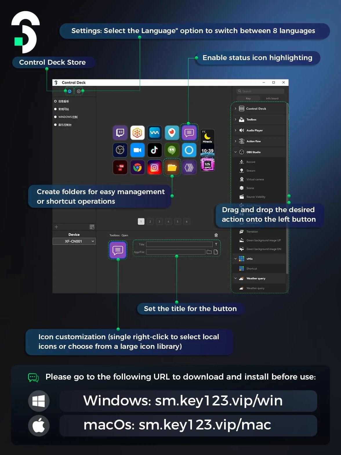 SOOMFON Stream Control Deck, 15-klawiszowy kontroler do nagrań na żywo, przyciski LCD OBS Twitch YouTube