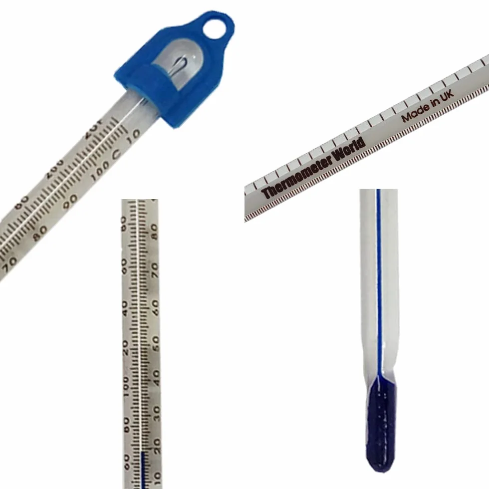 Termometr do pomiaru temperatury wody i cieczy – laboratoryjny termometr szklany, zakres od -10 do +110 °C, 155 mm, laboratorium zanurzeniowe, niebieski płyn