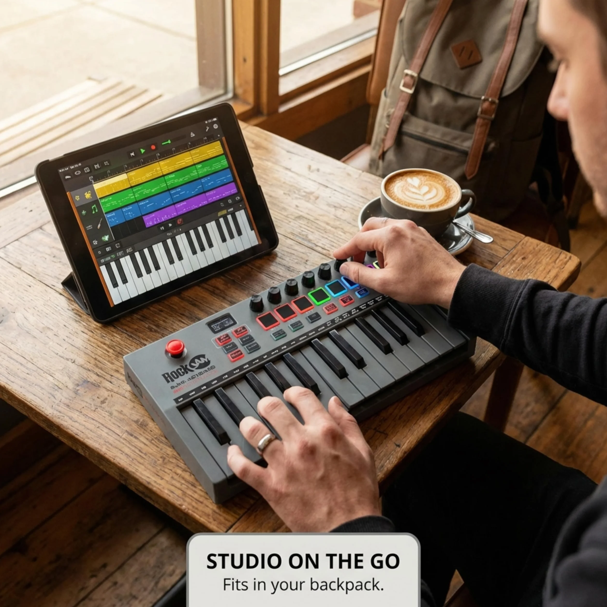 RockJam Go 25 kluczy USB i Bluetooth MIDI Keyboard Controller z 8 podkładkami perkusyjnymi tylnymi, 8 Knobs
