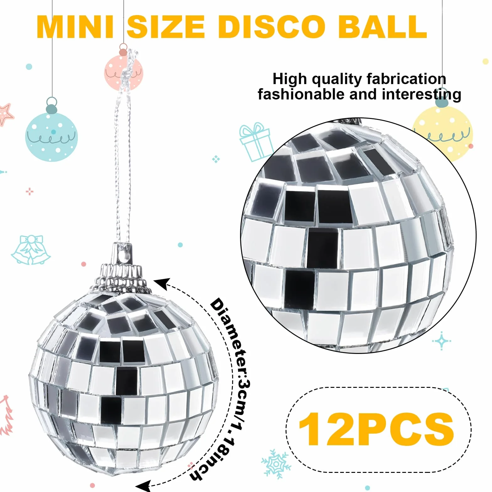 Mini kulki lustrzane, 12 szt., 3 cm, srebrne brokatowe kule, zabawna wisząca dekoracja na imprezę domową, ślub, dyskotekę, urodziny