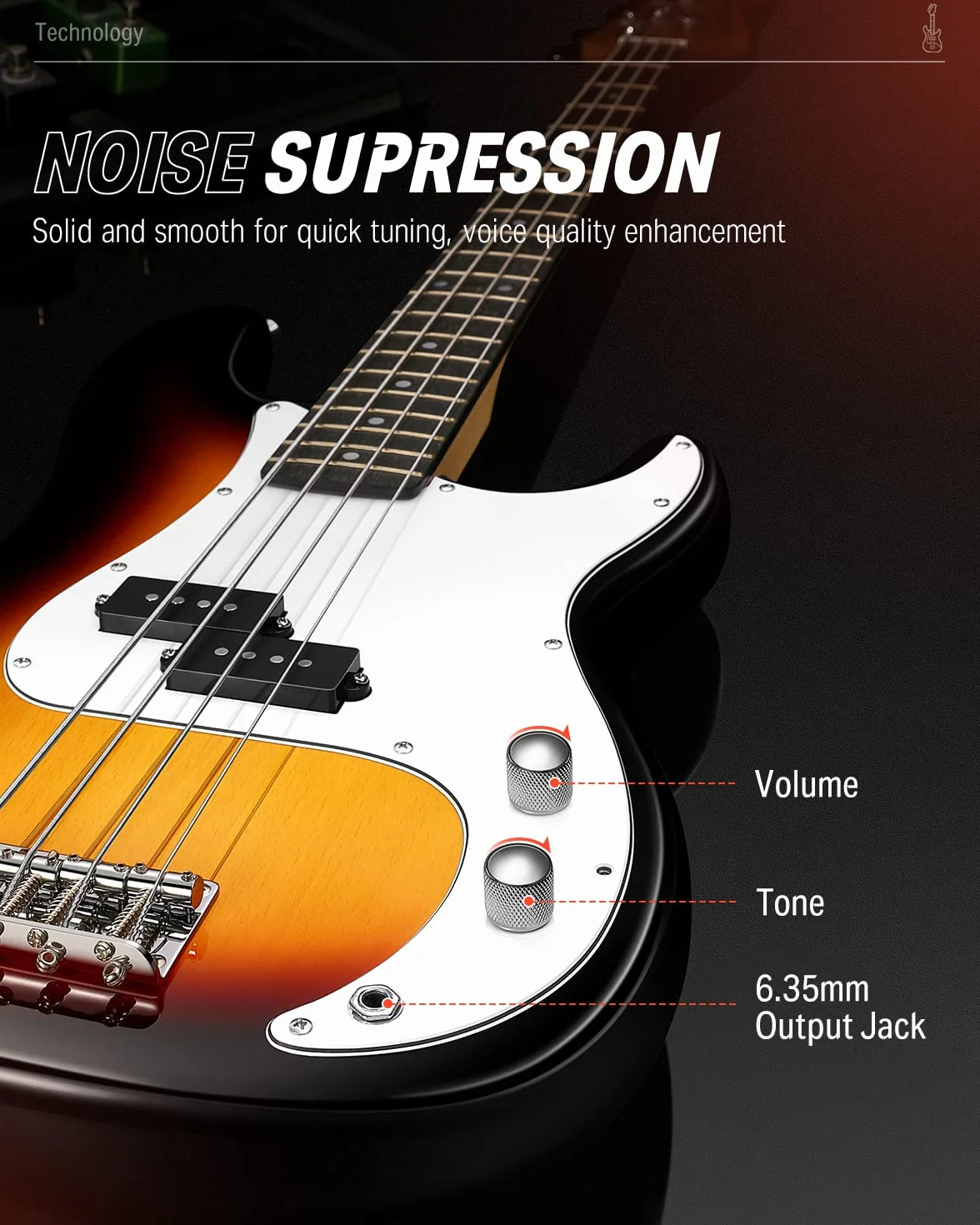 Donner Gitara basowa dla początkujących, 4 struny w stylu P gitara basowa, pełnowymiarowa gitara basowa z torbą na gitarę, paskiem do gitary i kablem gitarowym (Sunburst)