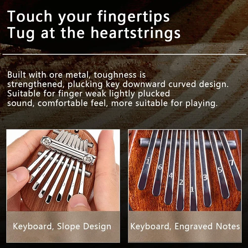 Kabbaleen Kalimba, 8 Klawiszy, Przenośny Mini Fortepian, Muzyczny Instrument Ręcznie Wykonany z Litego Drewna, ze Smyczą i Łańcuszkiem, Mały Palec, Kciuk