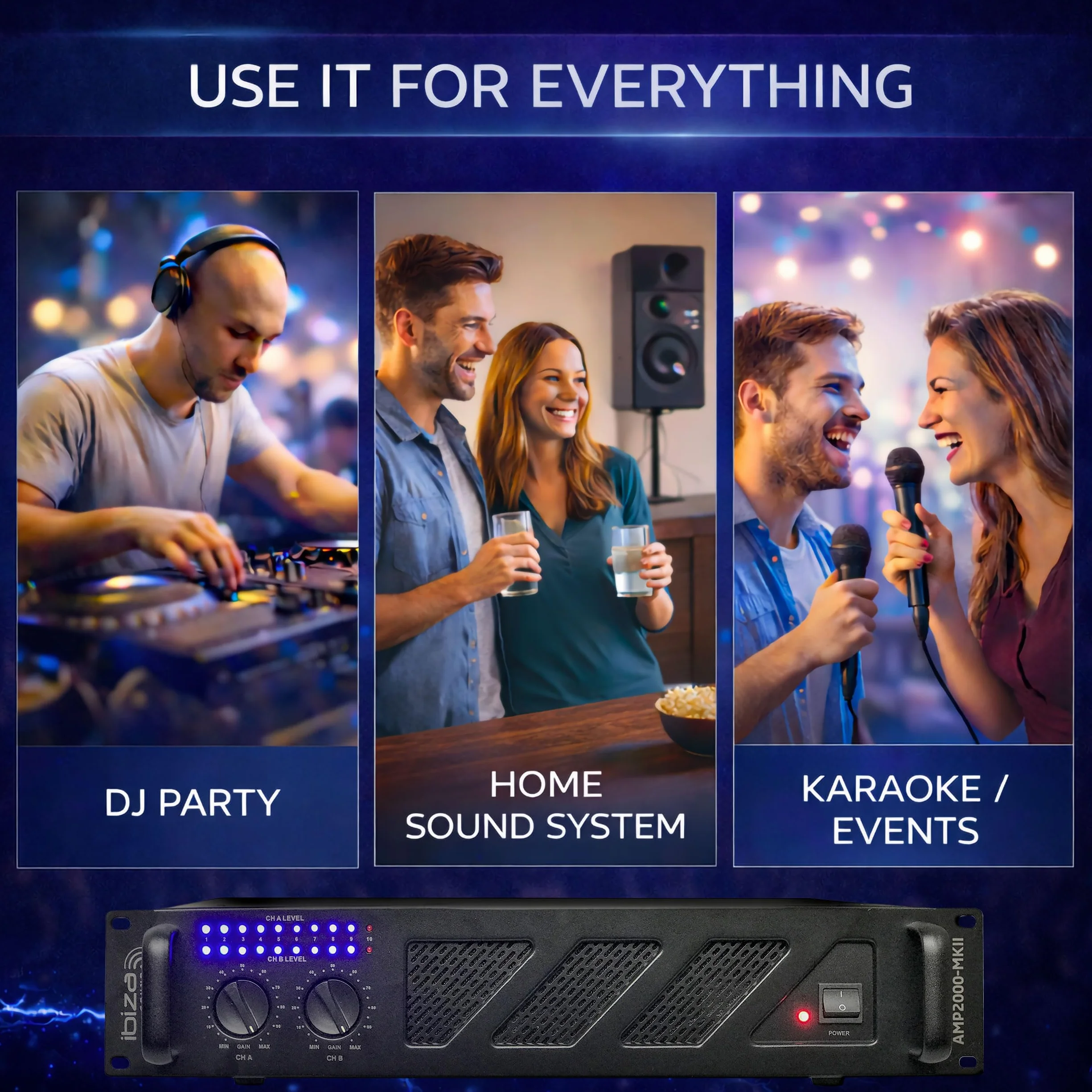 Ibiza - AMP2000-MKII - Profesjonalny wzmacniacz PA 2x1500W z wejściami XLR/Jack i wyjściami Speakon/Borne - Możliwość montażu w szafie 19" - Czarny