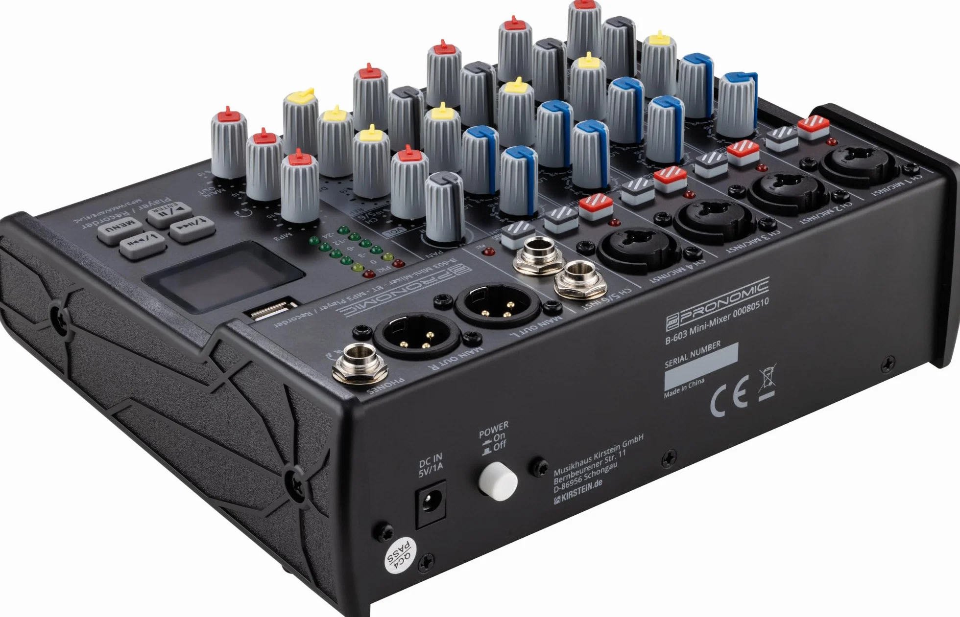 Pronomic B-603 mini mikser z Bluetooth® i USB Recording – kompaktowy 6-kanałowy mikser – 4 kanały z gniazdami combo, zasilaniem fantomowym i przełącznikiem Hi-Z – port USB – główne wyjścia w formacie