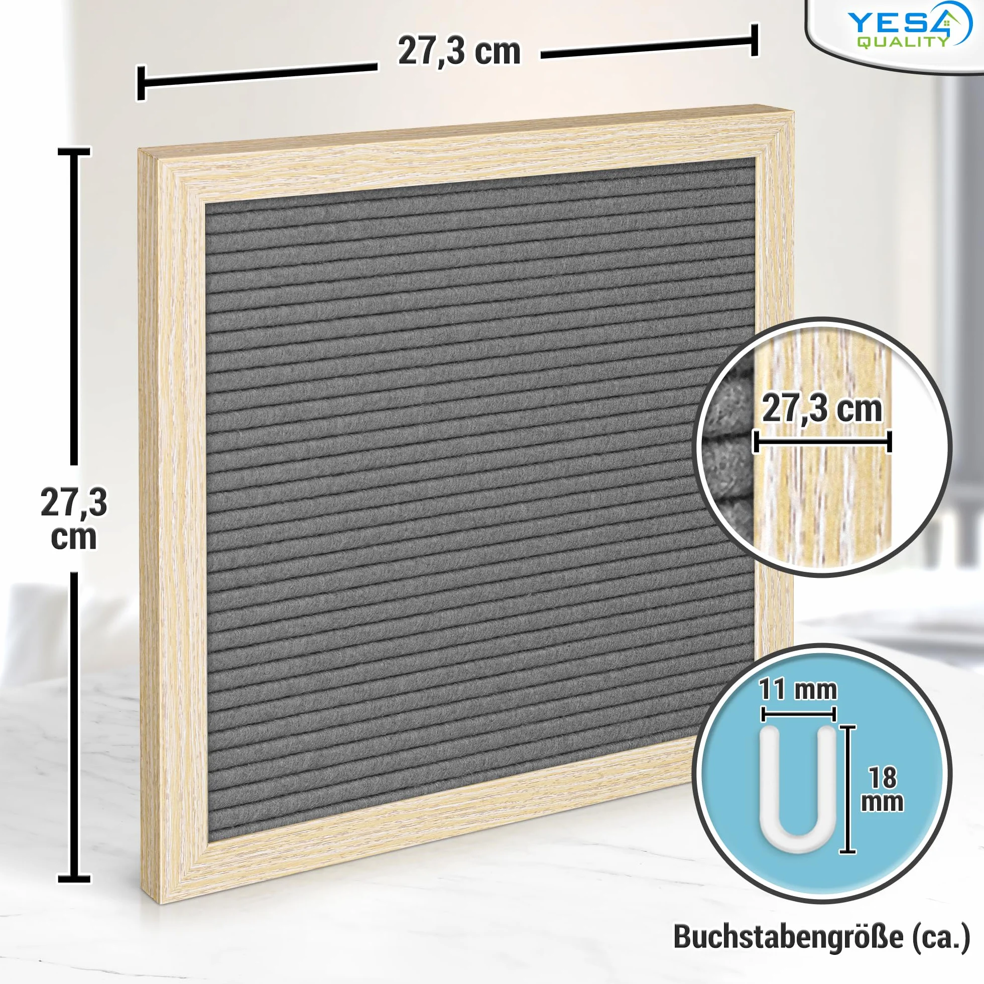 Filcowa tablica na listy - 25 x 25 cm, szara - 170 liter, cyfr i emotikonów na uroczystości i ogłoszenia - konfigurowalna tablica listowa z drewnianą ramą do domu - od Yes4Quality