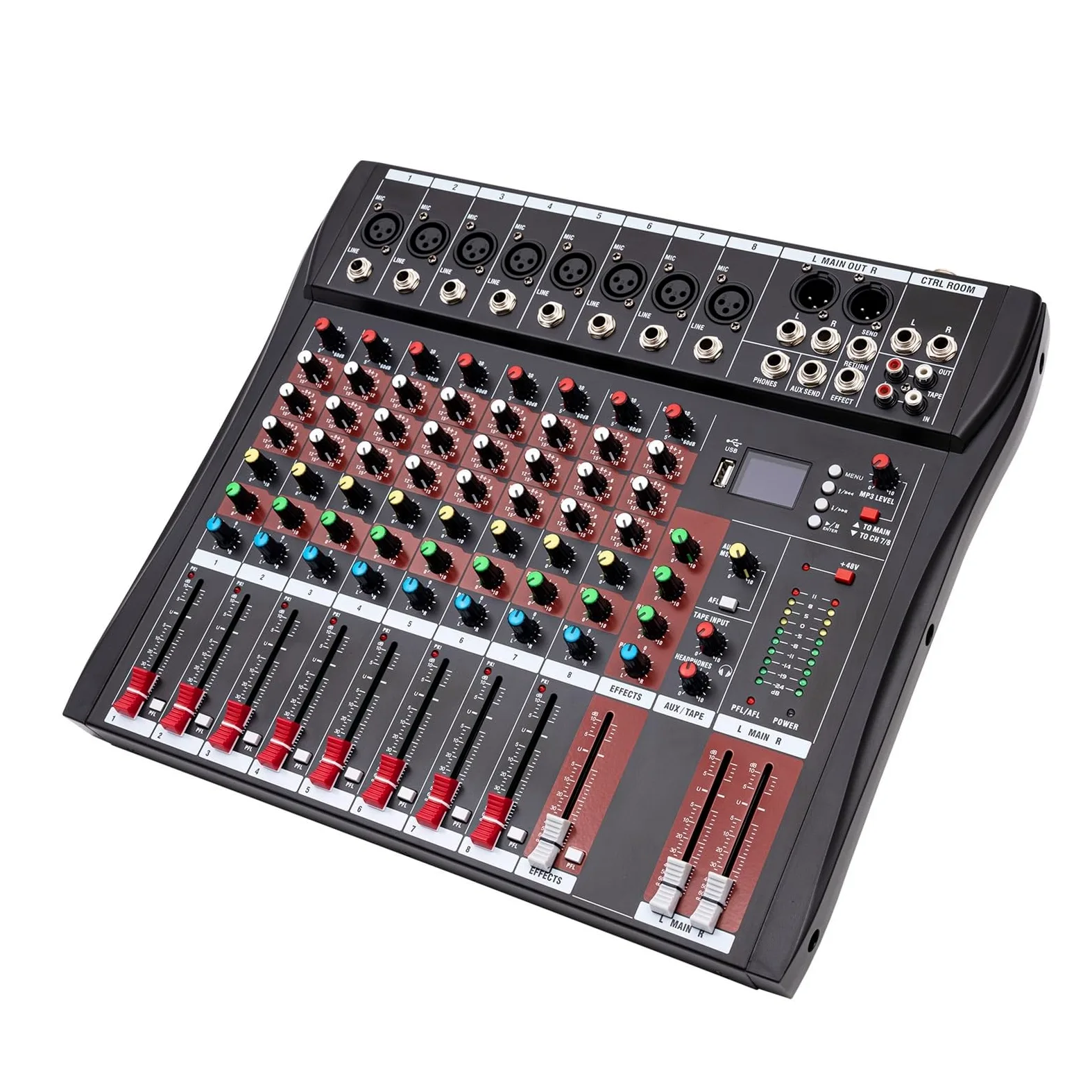 Mikser DJ-ski, 8-kanałowy profesjonalny mikser, konsola dźwiękowa z wejściem Bluetooth USB do nagrywania na komputerze, gniazdem mikrofonowym XLR