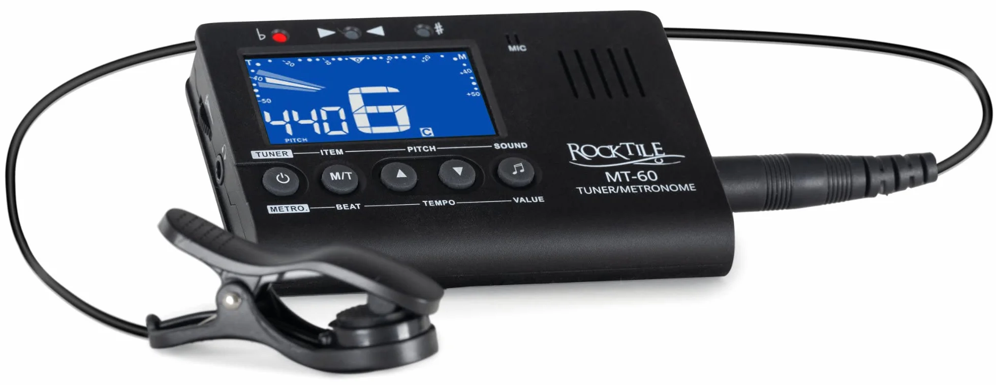 Rocktile MT-60 tuner metro – stroik z mikrofonem i czujnikiem piezoelektrycznym – nadaje się do wszystkich instrumentów – 5 trybów strojenia – metronomy – generator dźwięku – głośnik i wyjście na