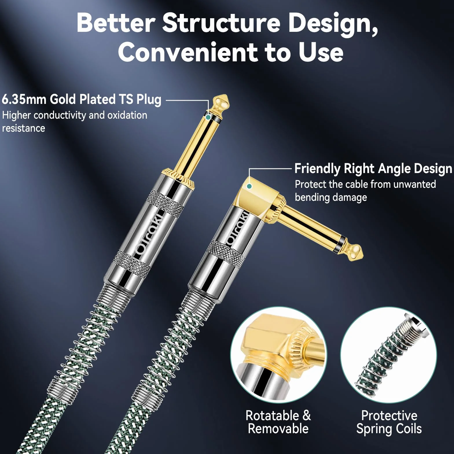 OTraki Kabel gitarowy 2 m, kabel instrumentalny, kabel jack 90 stopni, kabel Bass Amp, prosty kabel jack do gitary elektrycznej, gitary basowej, keyboardu, Pro Audio