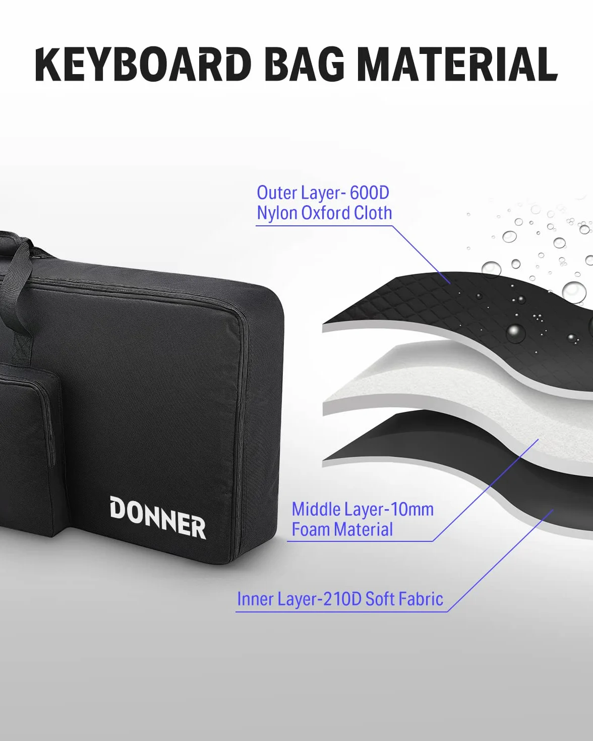 Donner Gig Bag z 61 klawiszami, solidna, 104 x 41 x 13 cm, 10 mm wyściełana obudowa fortepianu elektrycznego z uchwytem, nylon Oxford 600D, czarny