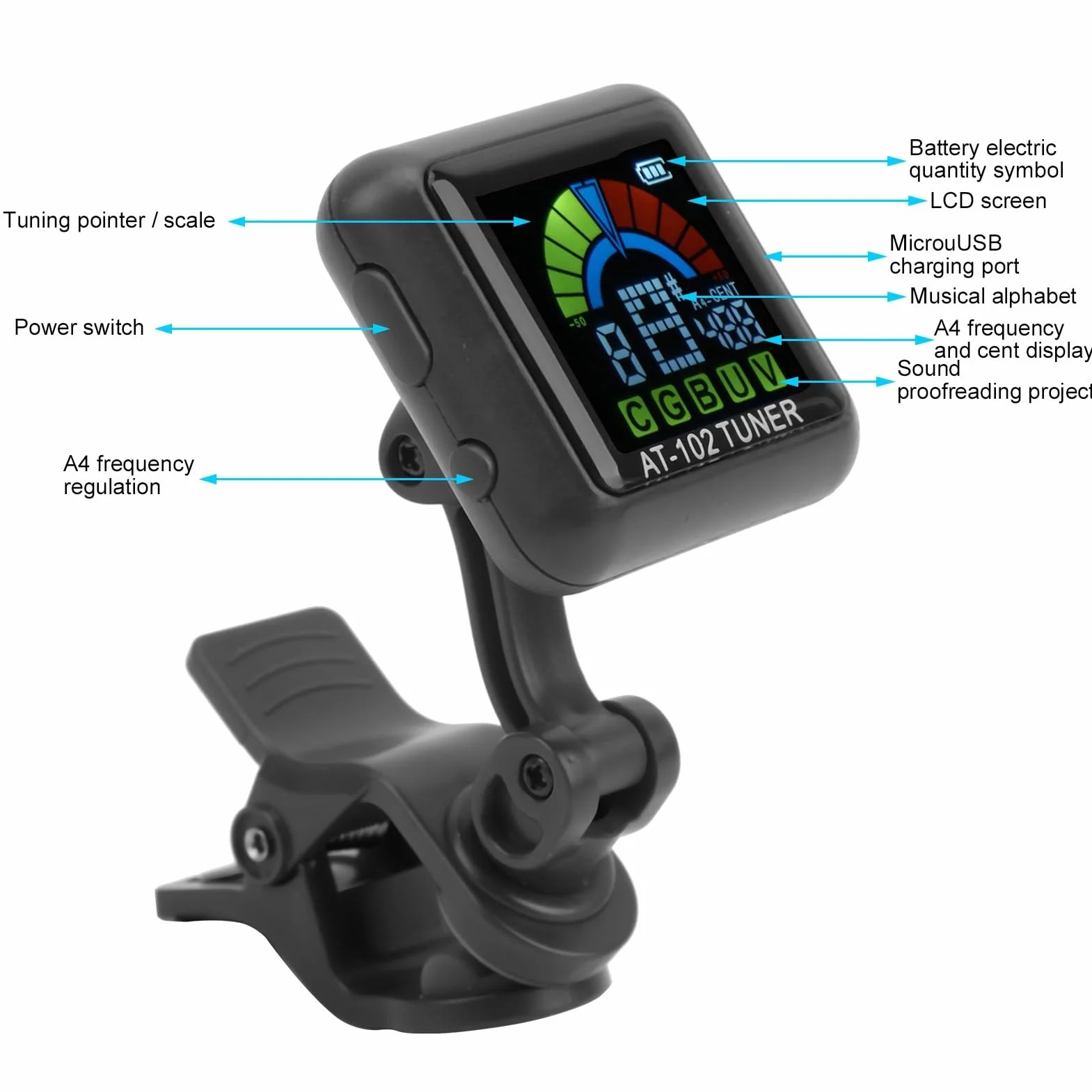 Clip-On Guitar Tuner USB Rechargeable Headstock Tuner Electric Guitar Tuner for Violin Ukulele Tuner AT‑102 with Color Screen(AT-102 Black)
