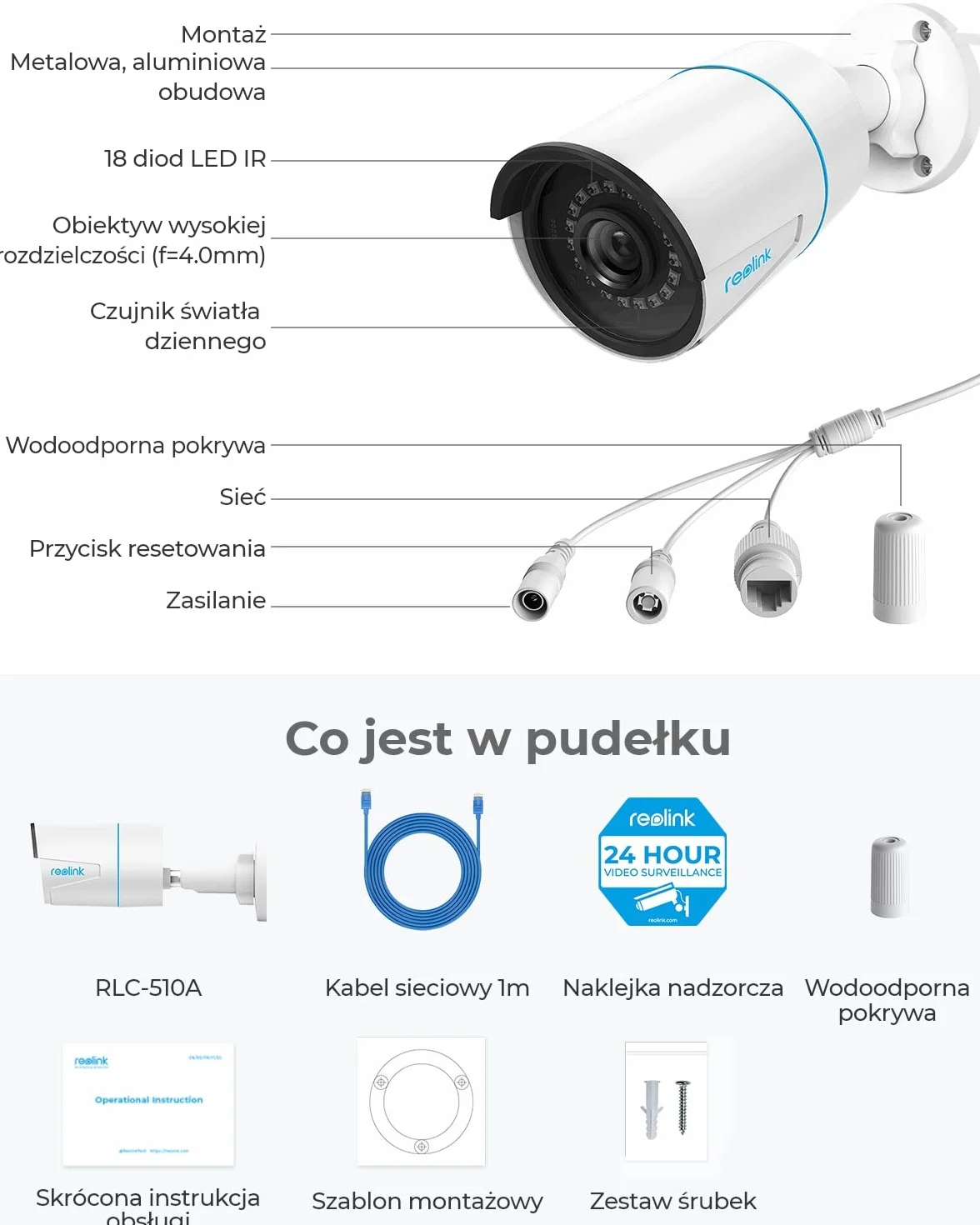 Reolink Inteligentna, Zewnętrzna Kamera Monitoringu PoE 5MP z Wykrywaniem Ludzi/Pojazdów, Pogodoodoprność IP66, Kamera CCTV IP z Slotem Karty microSD, Kamera Monitoringu z Nagrywaniem Audio RLC-510A