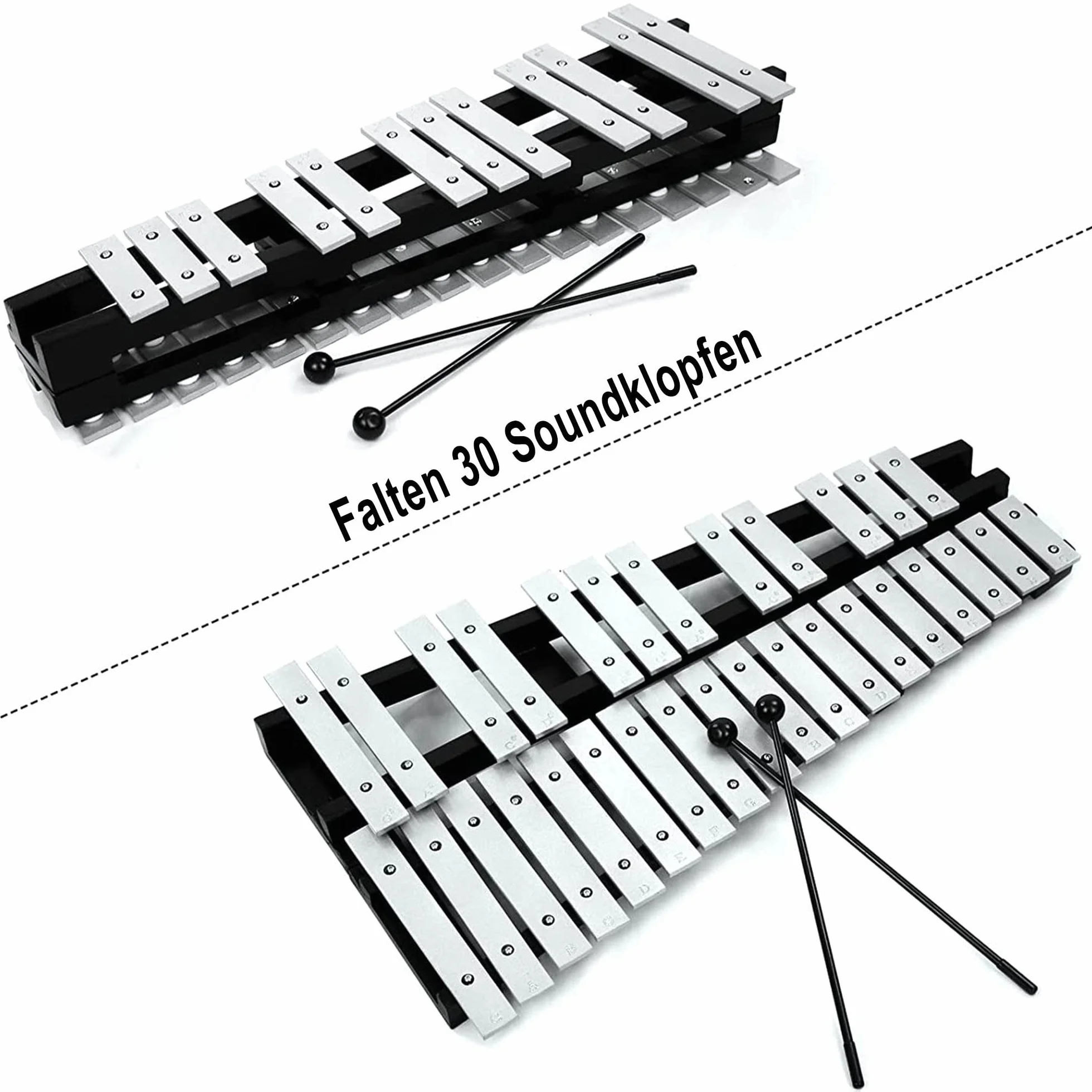 OUUTMEE Dzwonki, aluminium, 30 nut, ksylofon, drążki z 2 pałeczkami, stojak z walizką do przechowywania, koncert muzyczny, prezentacja, konkurs sztuki szkolnej