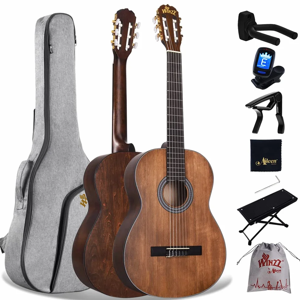 Winzz Klasyczna hiszpańska gitara 4/4, pełnowymiarowa dla dorosłych, początkujących z kompletnymi akcesoriami (99 cm, matowy brąz)