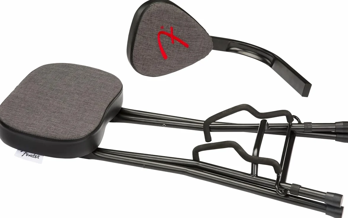 Fender Zestaw 351 siedziska i stojaka na gitarę, składana konstrukcja, zdejmowane oparcie, szary materiał tweedowy, antypoślizgowe nóżki