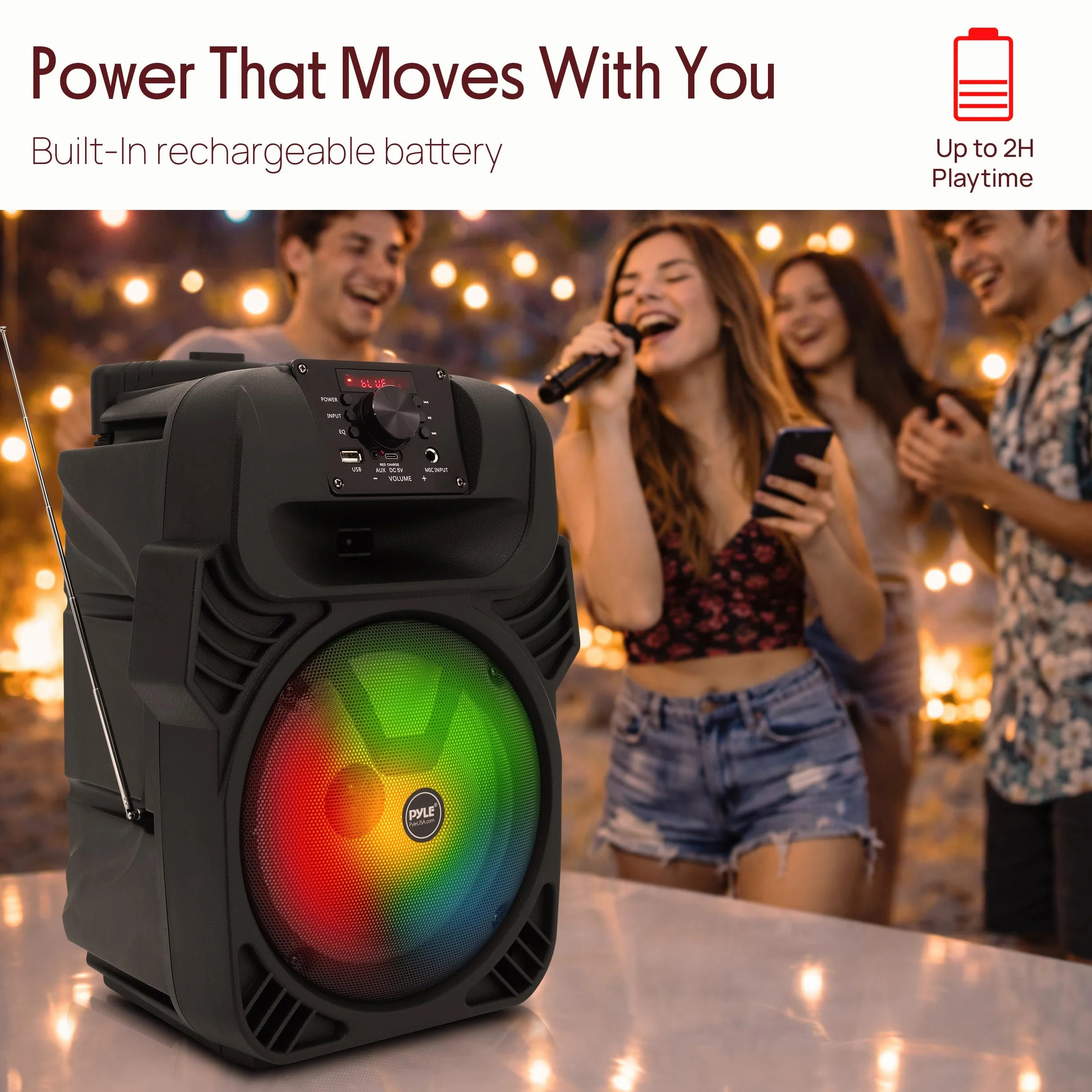 Pyle Przenośny głośnik PA 400 W - system subwoofera 8", 4 omy/55-20 kHz, radio USB/MP3/FM/wejście mikrofonu ¼, wielokolorowe światła LED, wbudowany akumulator z pilotem - Pyle PPHP844B