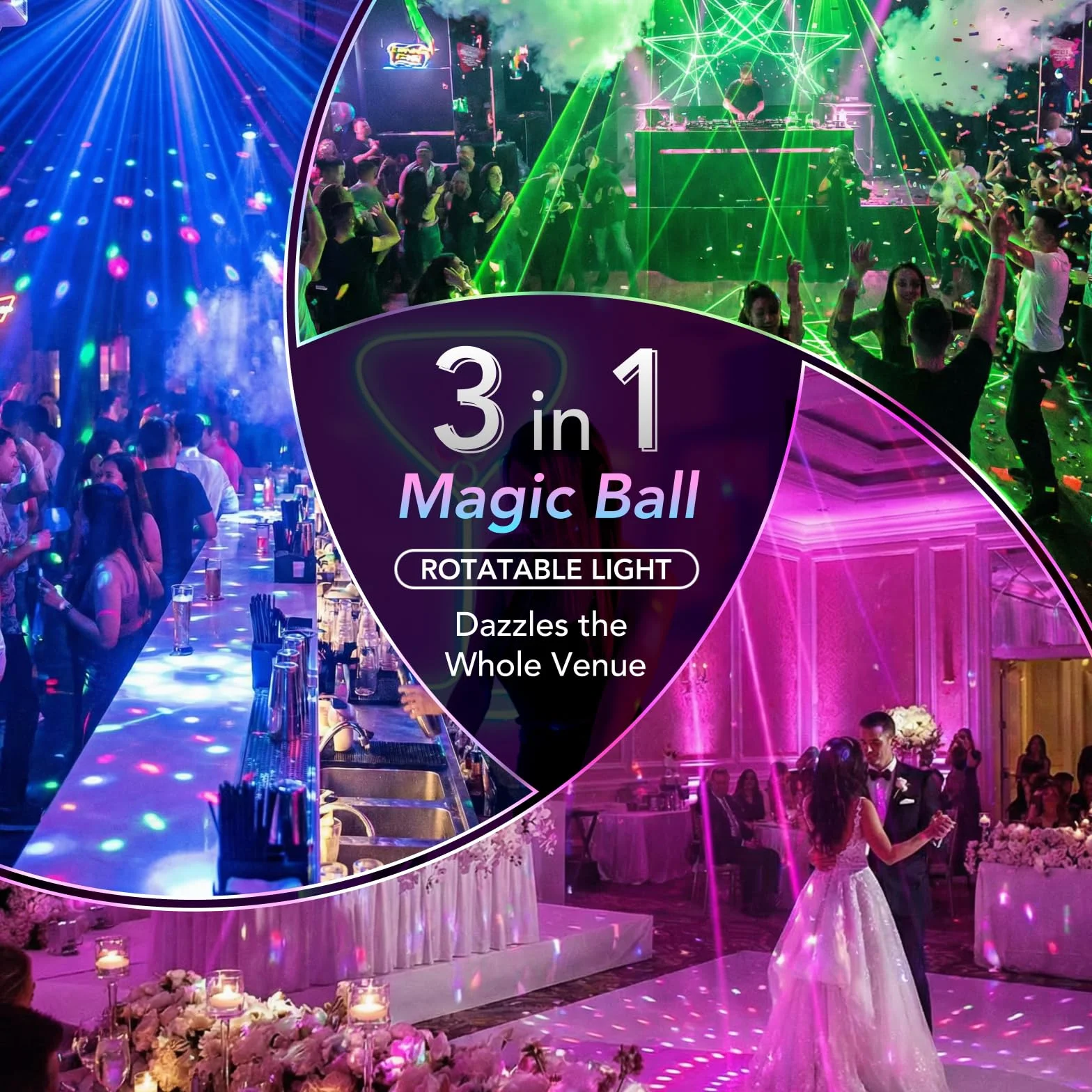 Tomshine Mini 3 w 1 UV czarne światło imprezowe, sterowane muzyką, światło dyskotekowe z 72 wzorami i obrotową lampą RGB Magic Ball, stroboskop, dyskoteka, efekt świetlny z pilotem zdalnego sterowania