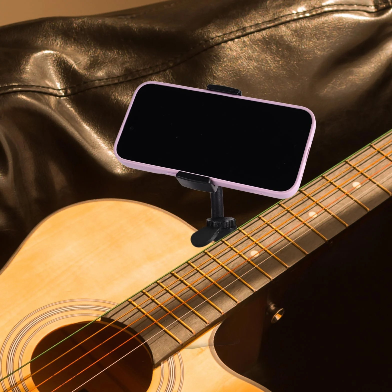 Uchwyt na Telefon do Gitary z 2szt Futerałami Kostki, Regulowany Obrotowy Uchwyt Słuchawki do Gitary Ukulele Basowego Nuty Transmisje Żywo Nagrywanie Wideo Nauka Online (Czarny)