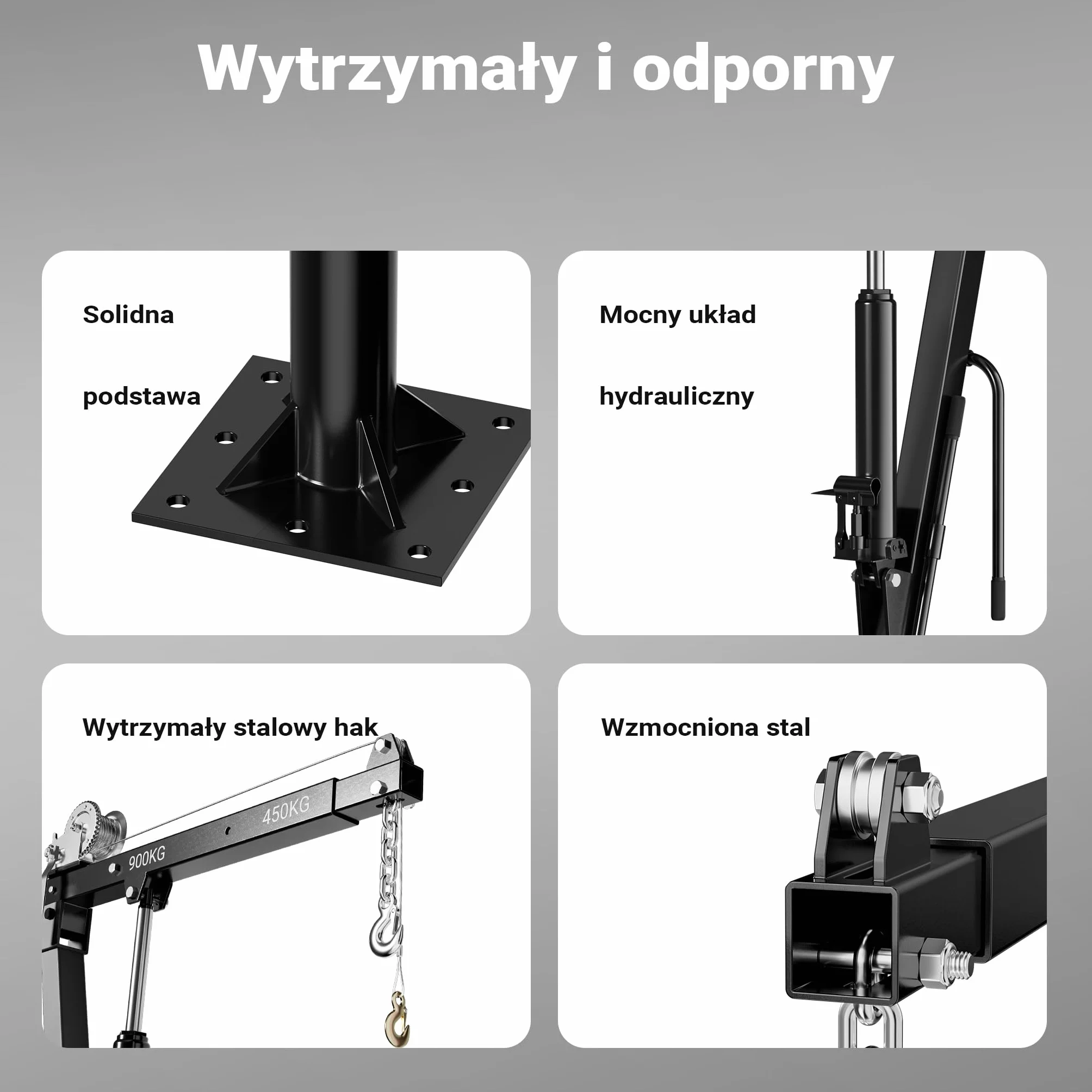 Wiltec Żuraw hydrauliczny do załadunku 900 kg, obrotowy 360° z wyciągarką linową, stabilny podnośnik do pojazdów transportu, pickupów i warsztatu