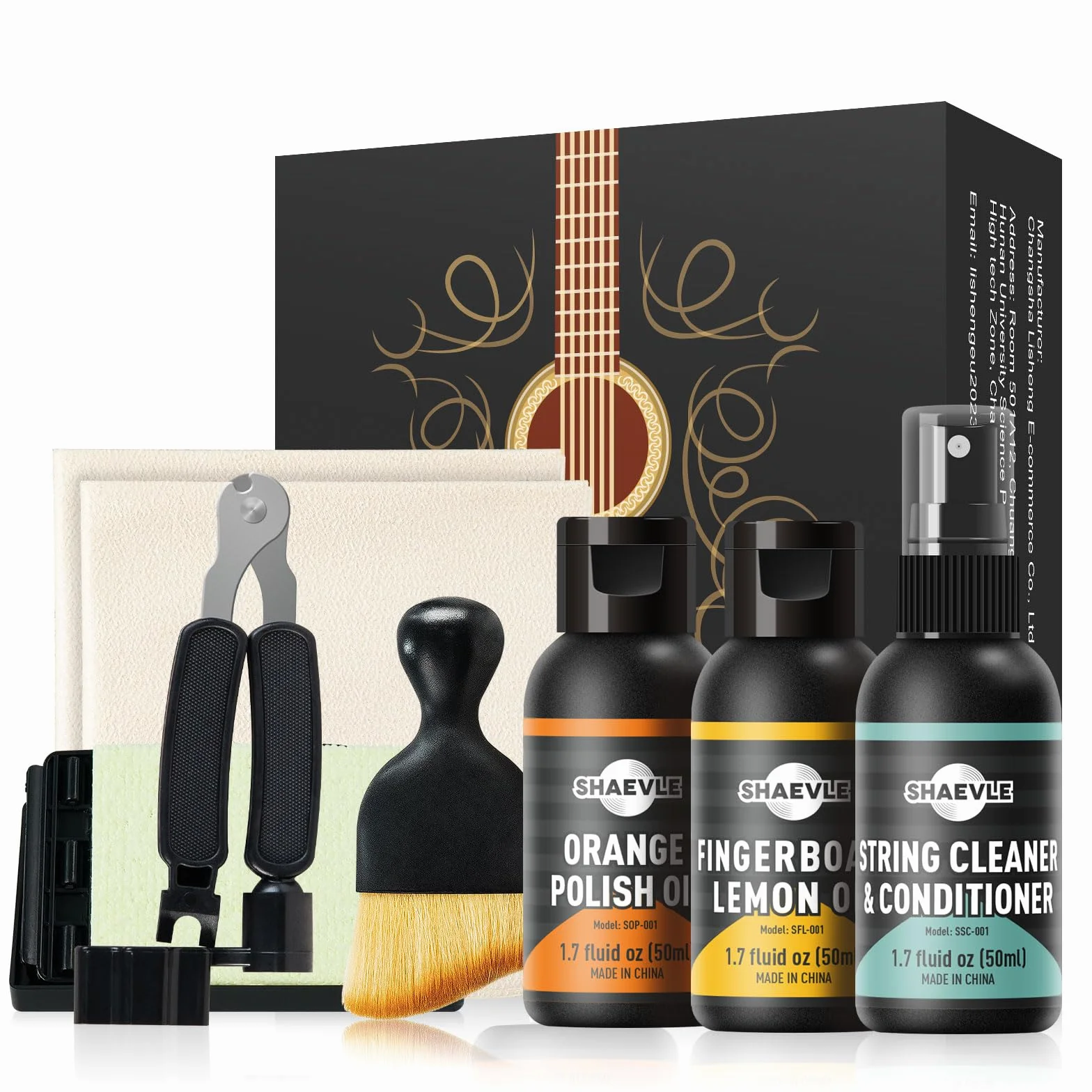 Zestaw do czyszczenia gitary akustycznej: Orange Polish Oil, Fingerboard Lemon Oil, String Cleaner, Guitar String Winder, String Brush, Cleaning Cloth&String Cleaner Cloth