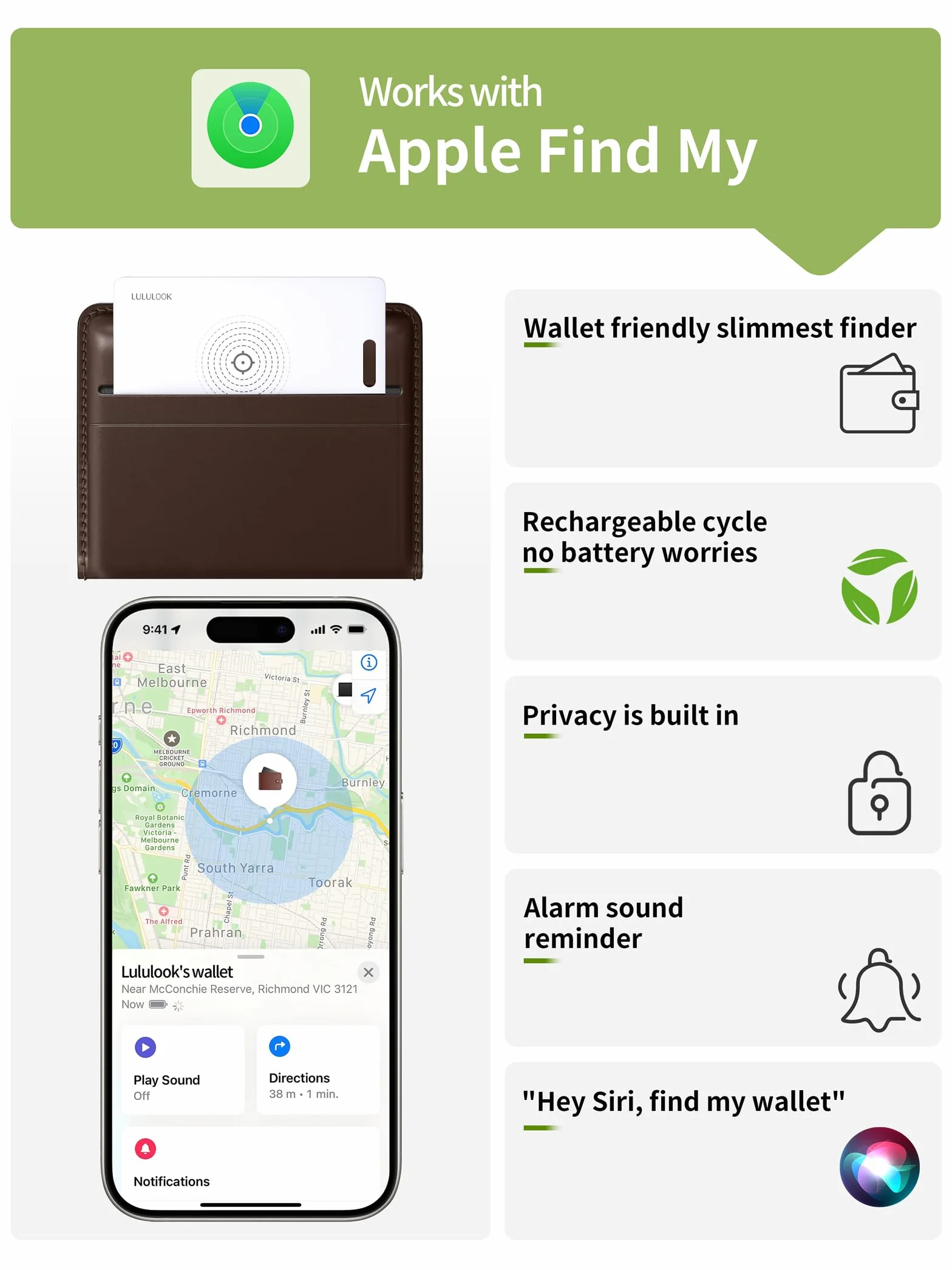 LULULOOK Karta AirTag z możliwością ponownego ładowania, 3 sztuki, cienkie portfele, tracker Smartcard Tracker kompatybilny z Apple Find My (tylko z systemem iOS) karta Bluetooth do portfela