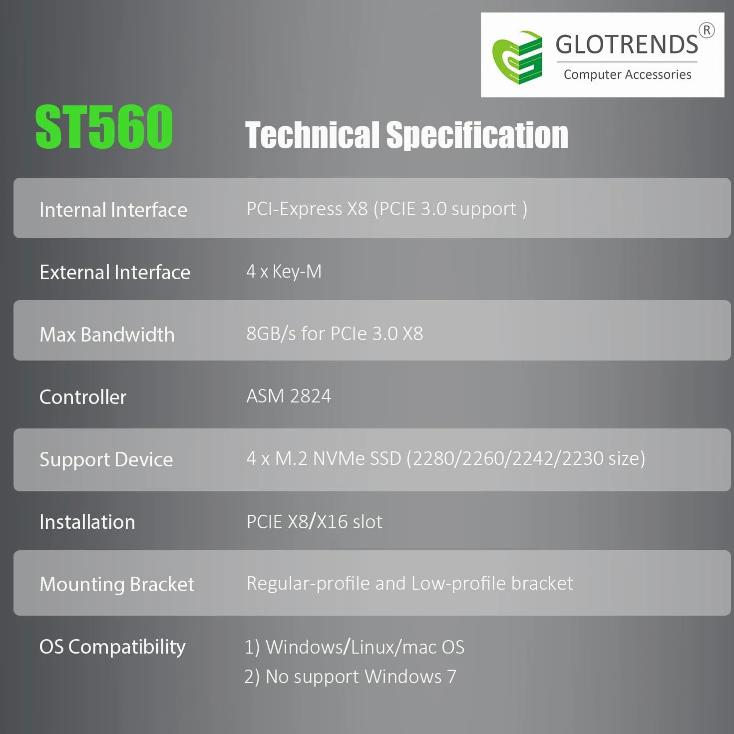 GLOTRENDS ST560 Adapter Quad M.2 NVMe do PCIe 3.0 X8 z rozwidleniem PCIe, konfiguracja miękkiego RAID-u M.2 NVMe za pomocą narzędzia systemu operacyjnego