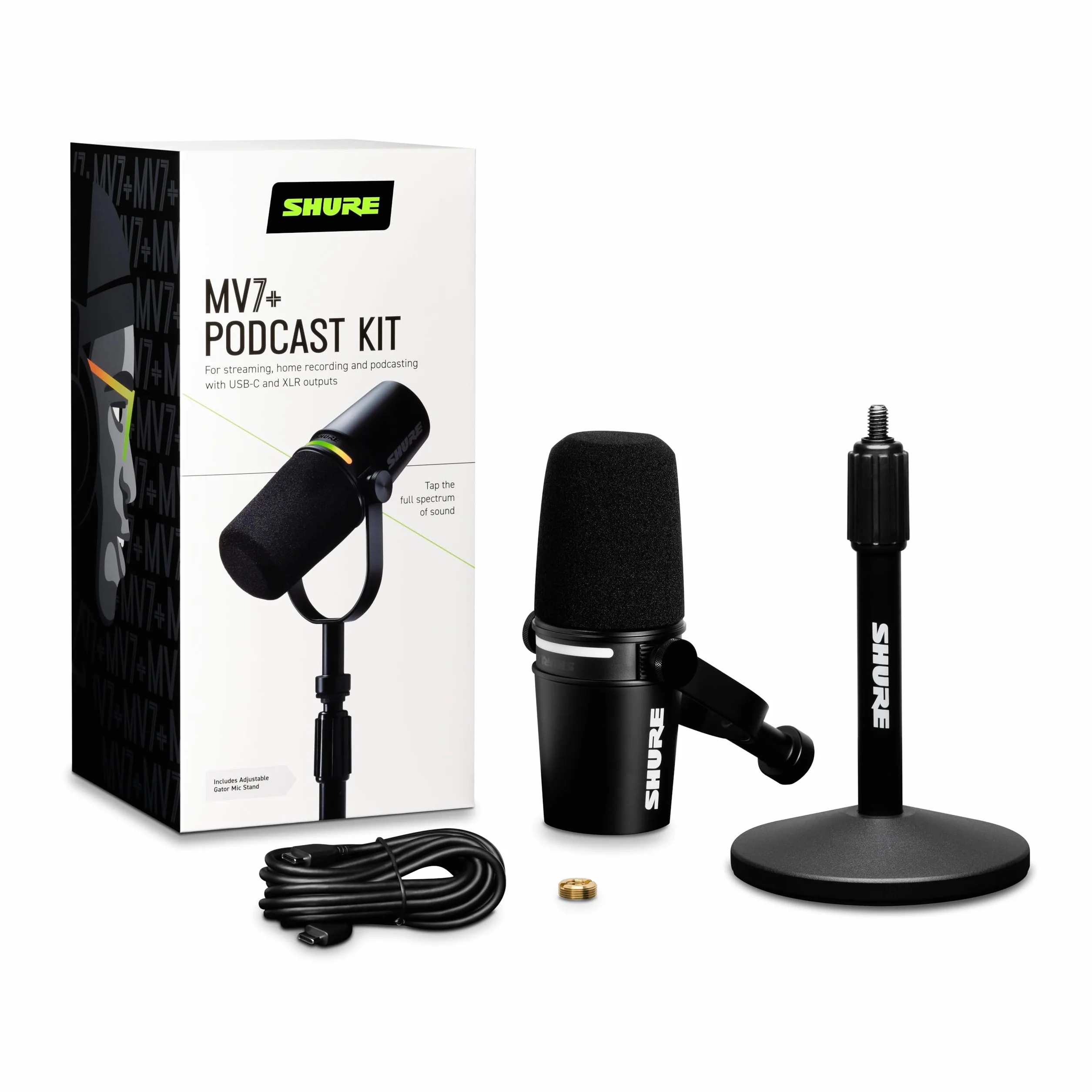 Shure Mikrofon do podcastów MV7+ z podstawką, Ulepszona jakość dźwięku, panel dotykowy LED, wyjścia USB-C i XLR, automatyczny tryb poziomowania, cyfrowy filtr pop, efekty pogłosu, podcasting - Czarny