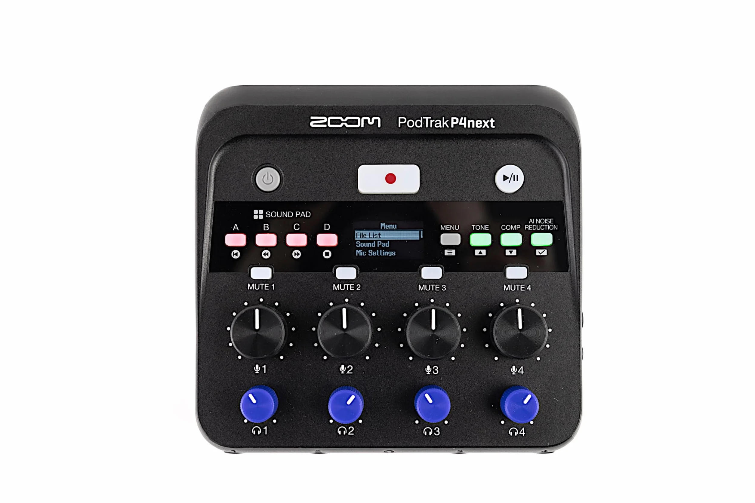 ZOOM PodTrak P4next Rejestrator podcastów, 4 wejścia mikrofonowe XLR, 4 wyjścia słuchawkowe, redukcja szumów AI, efekty dźwiękowe i kompresyjne, wejście telefoniczne, nagrywanie na kartę SD