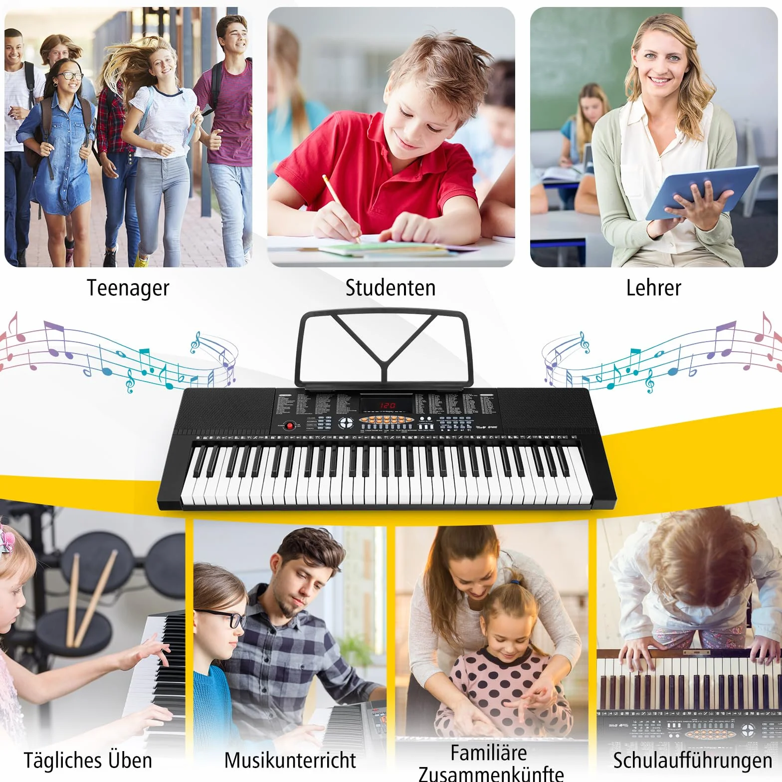 COSTWAY Klawiatura pianino dla początkujących z 61 klawiszami, cyfrowe pianino z 300 tonami, 300 rytmów, 50 demo, 3 tryby nauki, w zestawie stojak, mikrofon