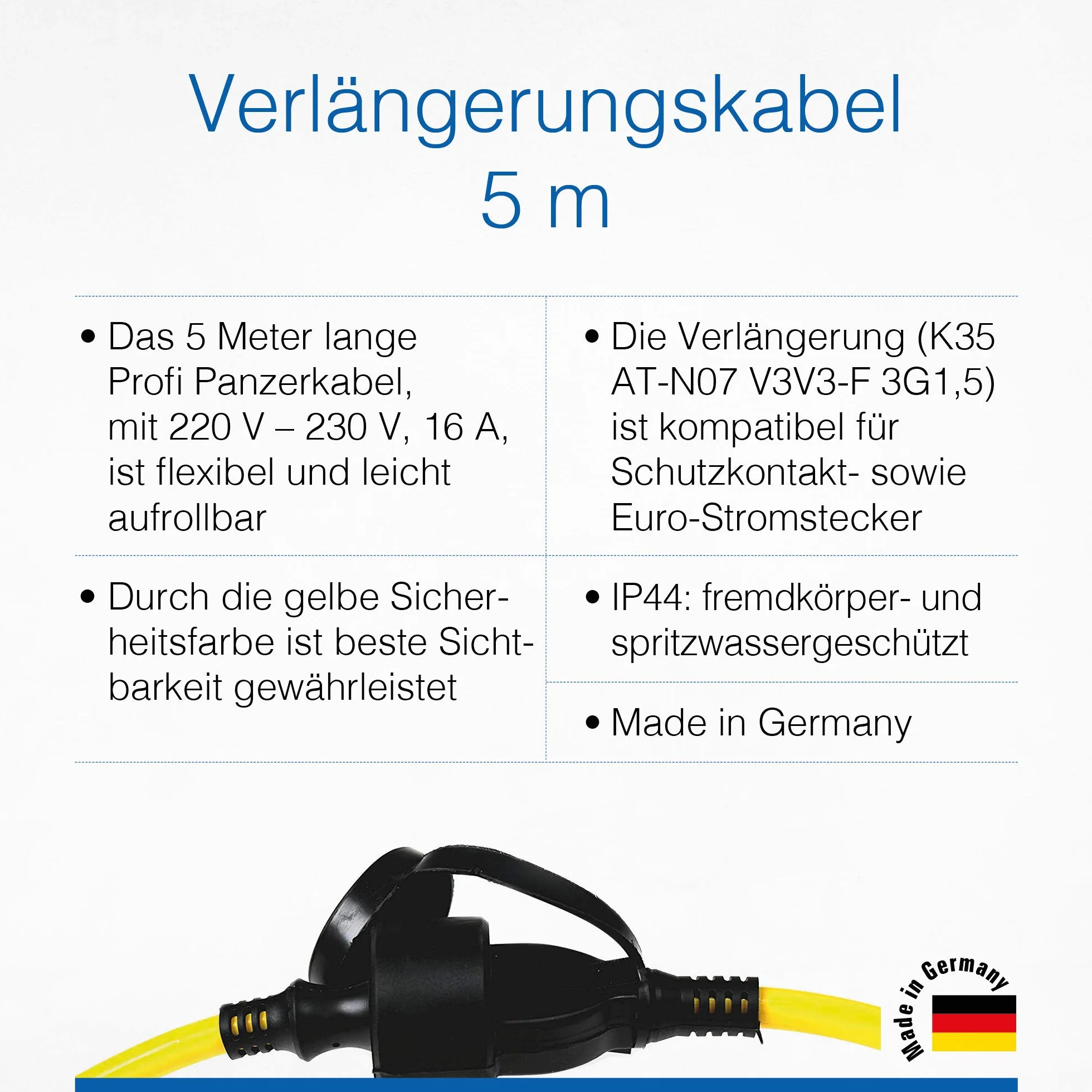 as - Schwabe 60350 Zewnętrzny Kabel Przedłużający Zbiornik z Wtyczką Schuko/Euro, IP44, 230 V/16 A, Długość Kabla 5 Metrów, Żółty