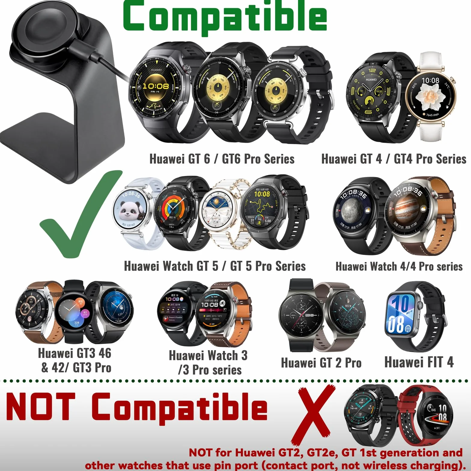 sciuU Magnetyczny stojak ładujący i ładowarka kompatybilny z Huawei GT6 / GT5 Pro / GT5 Pro / GT4 / GT4 Pro / GT3 / GT3 Pro/Fit 4, stacja dokująca + odłączany uchwyt ze stopu aluminium, kabel USB 100