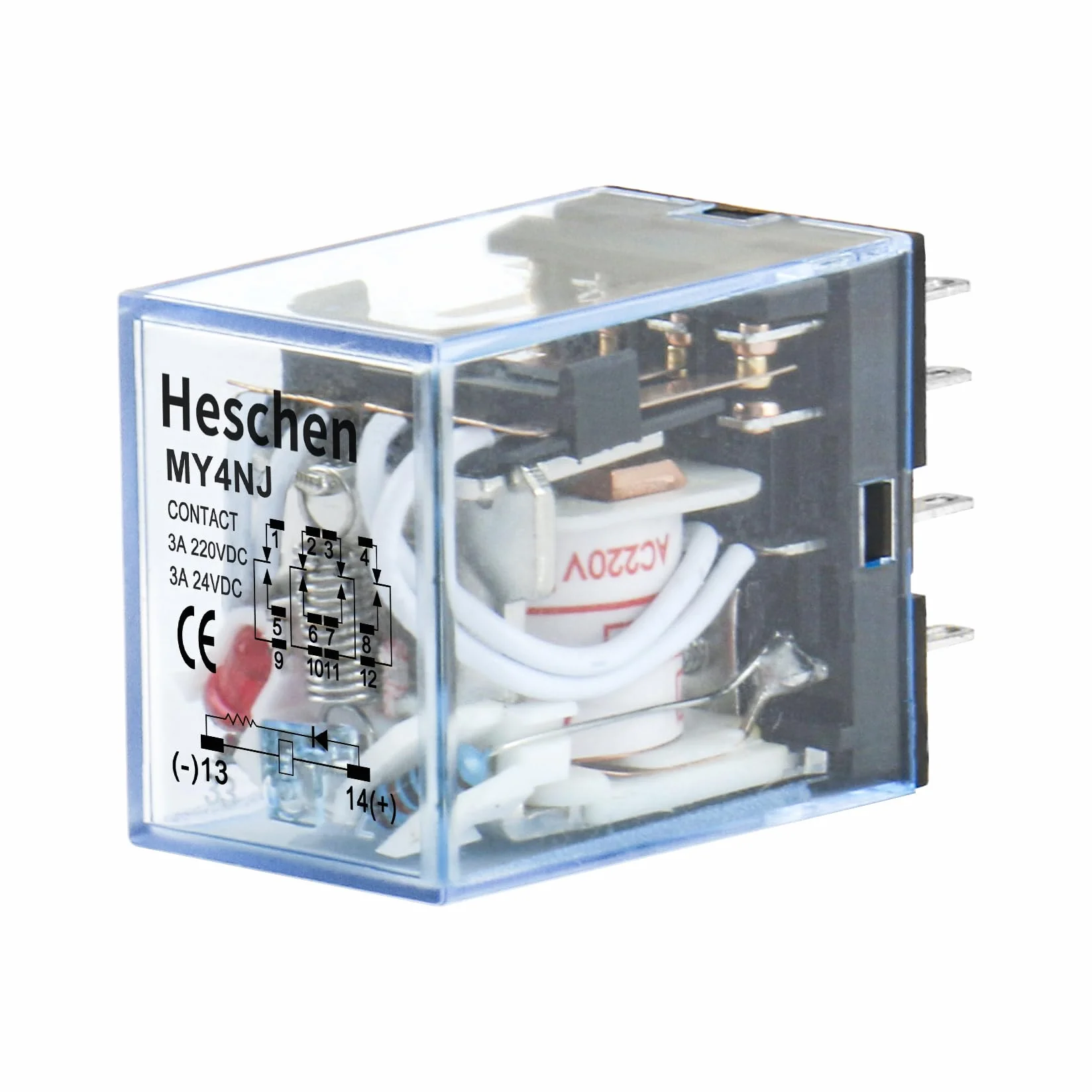 Heschen Gereral przekaźnik zasilający MY4NJ 220 V AC cewka 3 A 220 V AC/24 V DC 4PDT Wskaźnik LED 14-pinowe zaciski