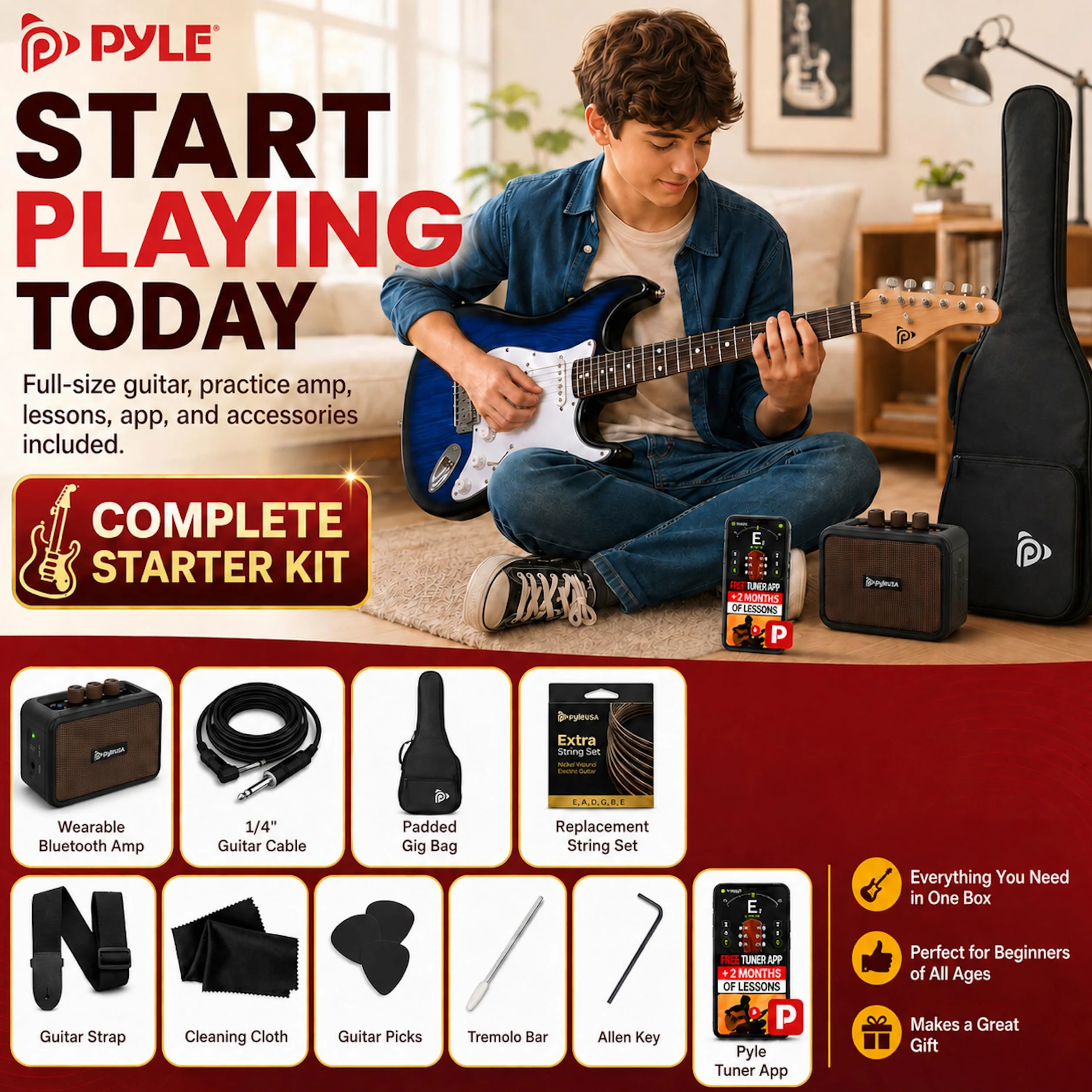 Pyle Zestaw Gitary Elektrycznej Pełnowymiarowej Z Wzmacniaczem 5W, Pokrowcem, Piórkami, Strunami I Paskiem, Styl ST, 22 Progi, Korpus Paulownia, Niebieska