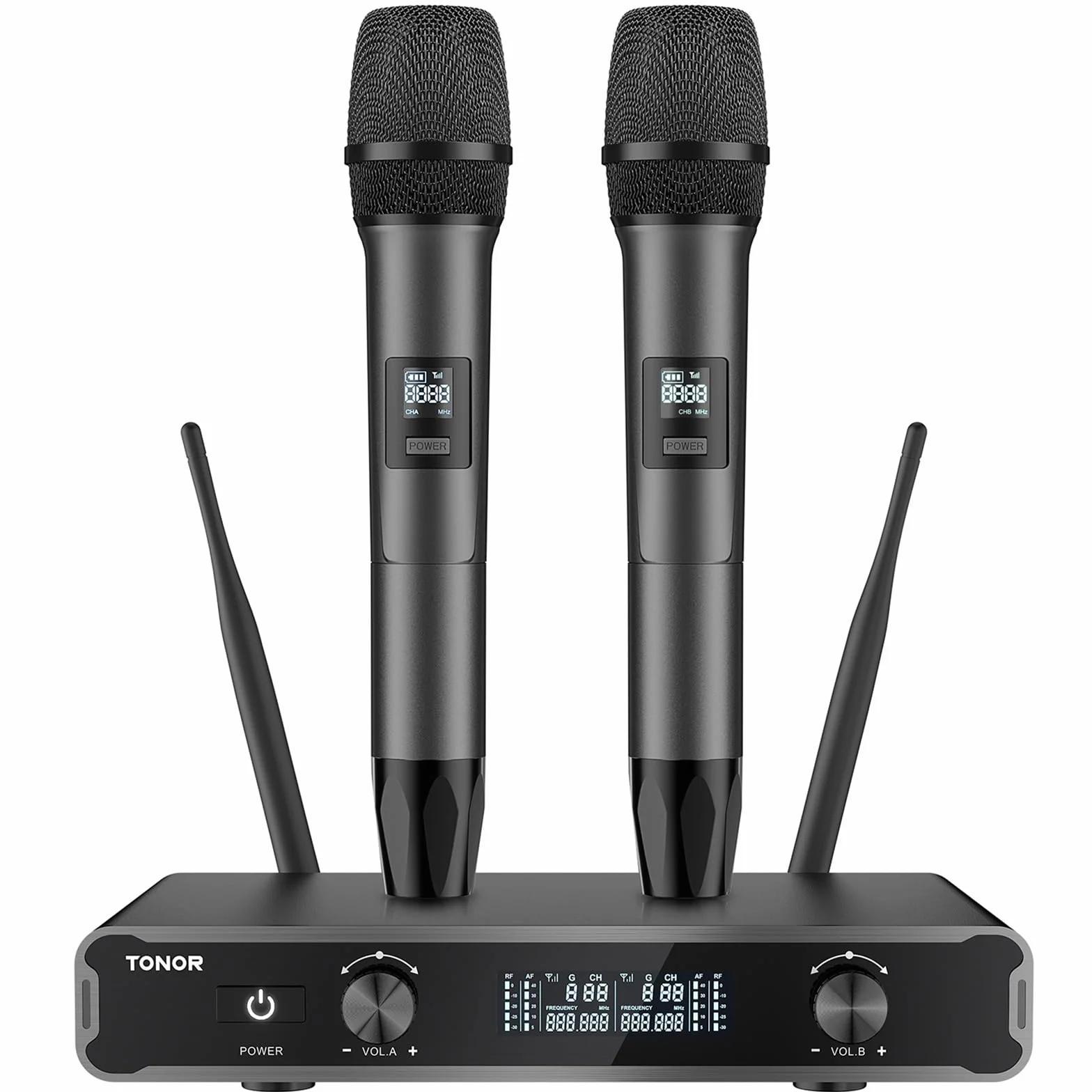 Mikrofony bezprzewodowe, TONOR podwójny ręczny dynamiczny system mikrofonowy do odbiornikiem do karaoke, KTV, wesela, imprezy, kościoła, 2x5 UHF regulowane częstotliwości, 60M szary