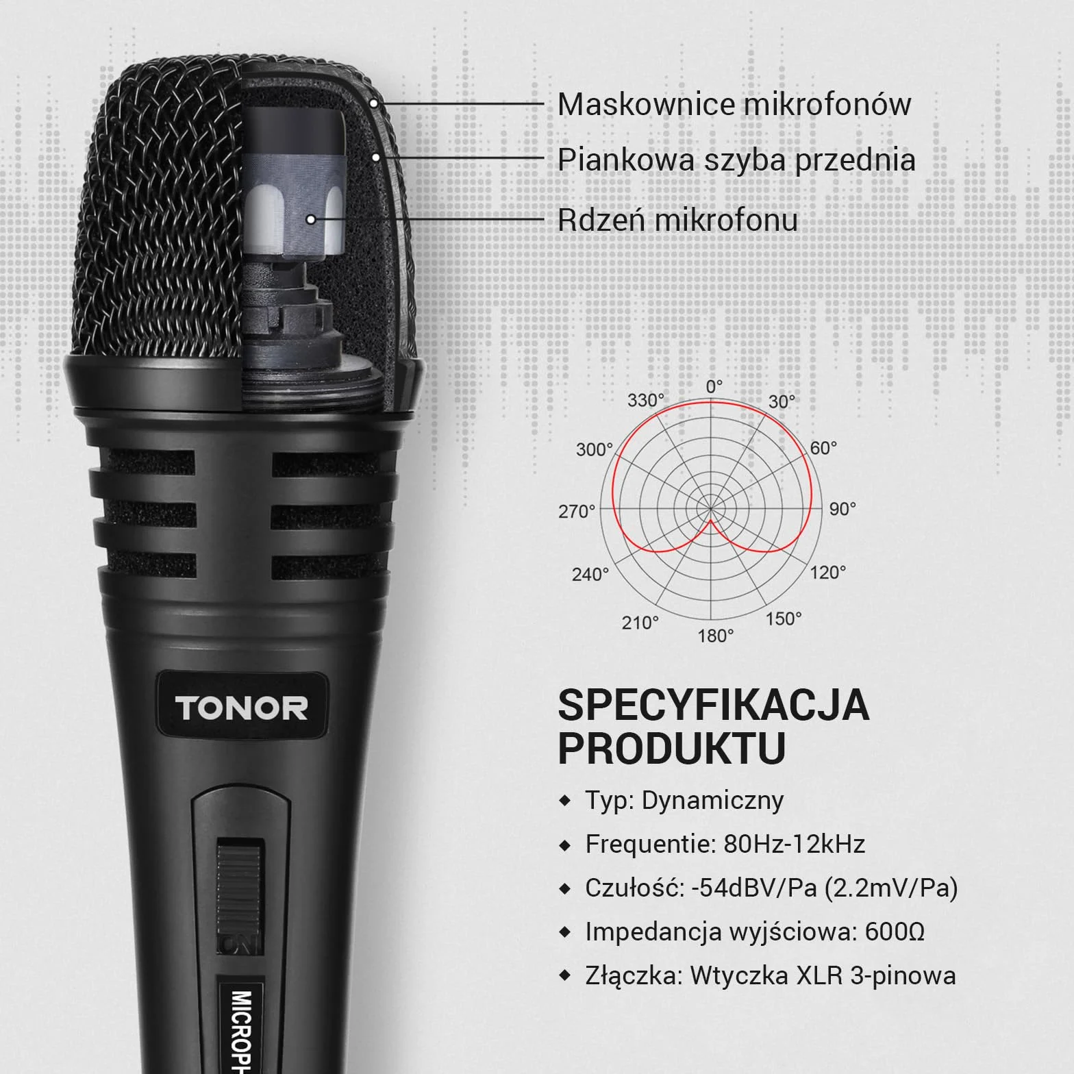 TONOR Dynamiczny mikrofon z kablem XLR 5 m, jack 6,35 mm, mikrofon ręczny, mikrofon kompatybilny z JBL Partybox, urządzenie do karaoke, mikromiks do DVD/telewizora/KTV audio/miksera