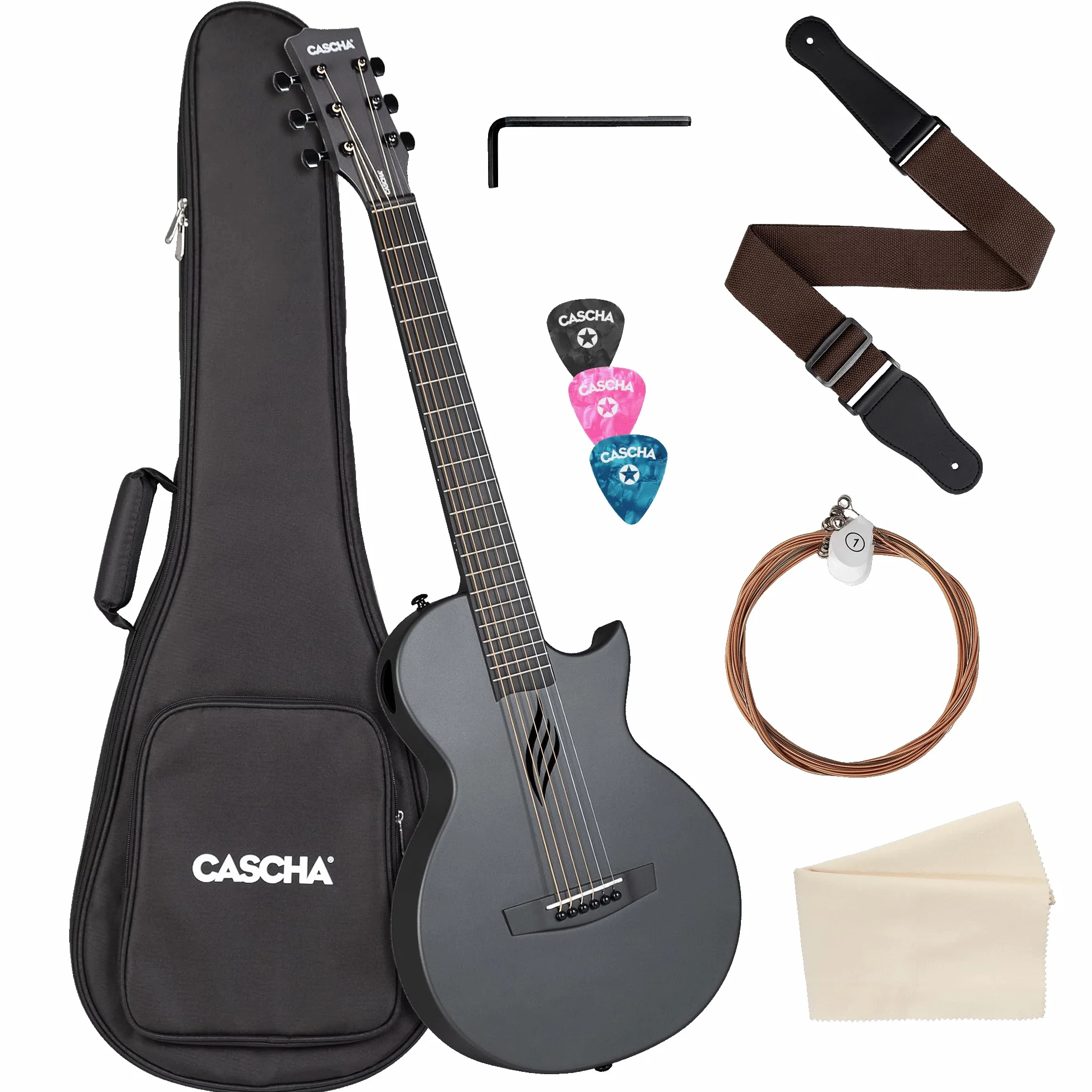 Cascha Gitara akustyczna z włókna węglowego, zestaw z torbą gigbag, paskiem, ściereczką, kostkami i strunami