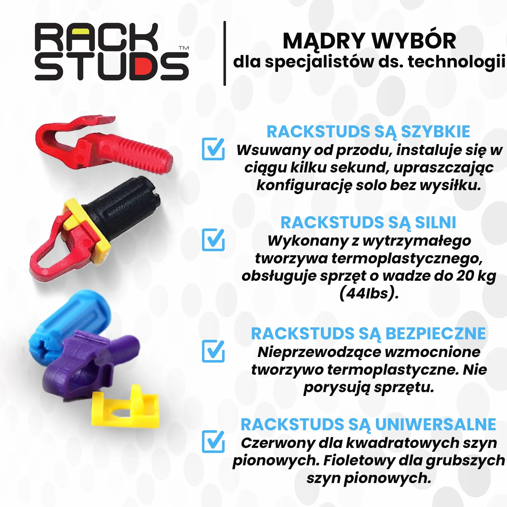 4C Rack Mount Solution II - Śruby do szyn serwerowych 19" kwadratowymi otworami, zamiennik nakrętek do klatek, nakrętki do szaf, śruby do montażu w szafie- 4 sztuki z każdego rozmiaru/koloru