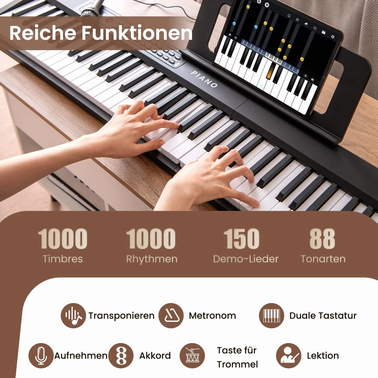 COSTWAY Pianino klawiaturowe 88 klawiszy, składane cyfrowe pianino z Bluetooth MIDI, 1000 rytmami, 1000 dźwiękami, 150 demo, dla dzieci z mikrofonem i torbą, E-Piano dla początkujących Czarny