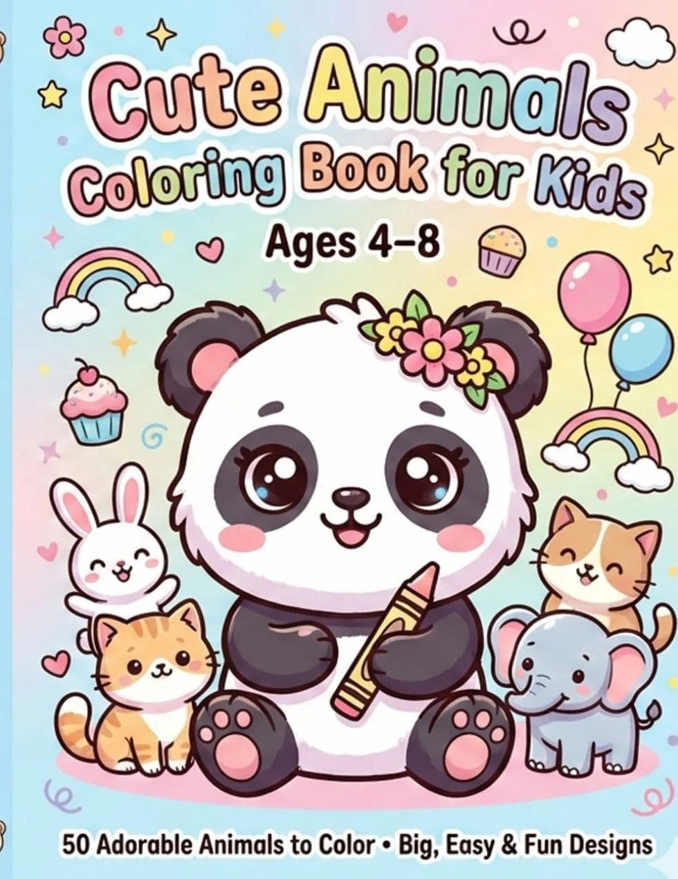 Cute Animals Coloring Book for Kids: 50 Adorable Kawaii Creatures to Color: Fun and Easy Coloring Pages with Cats, Dogs, Jungle Animals, Dinosaurs, Forest Friends, and More | Ages 4–8