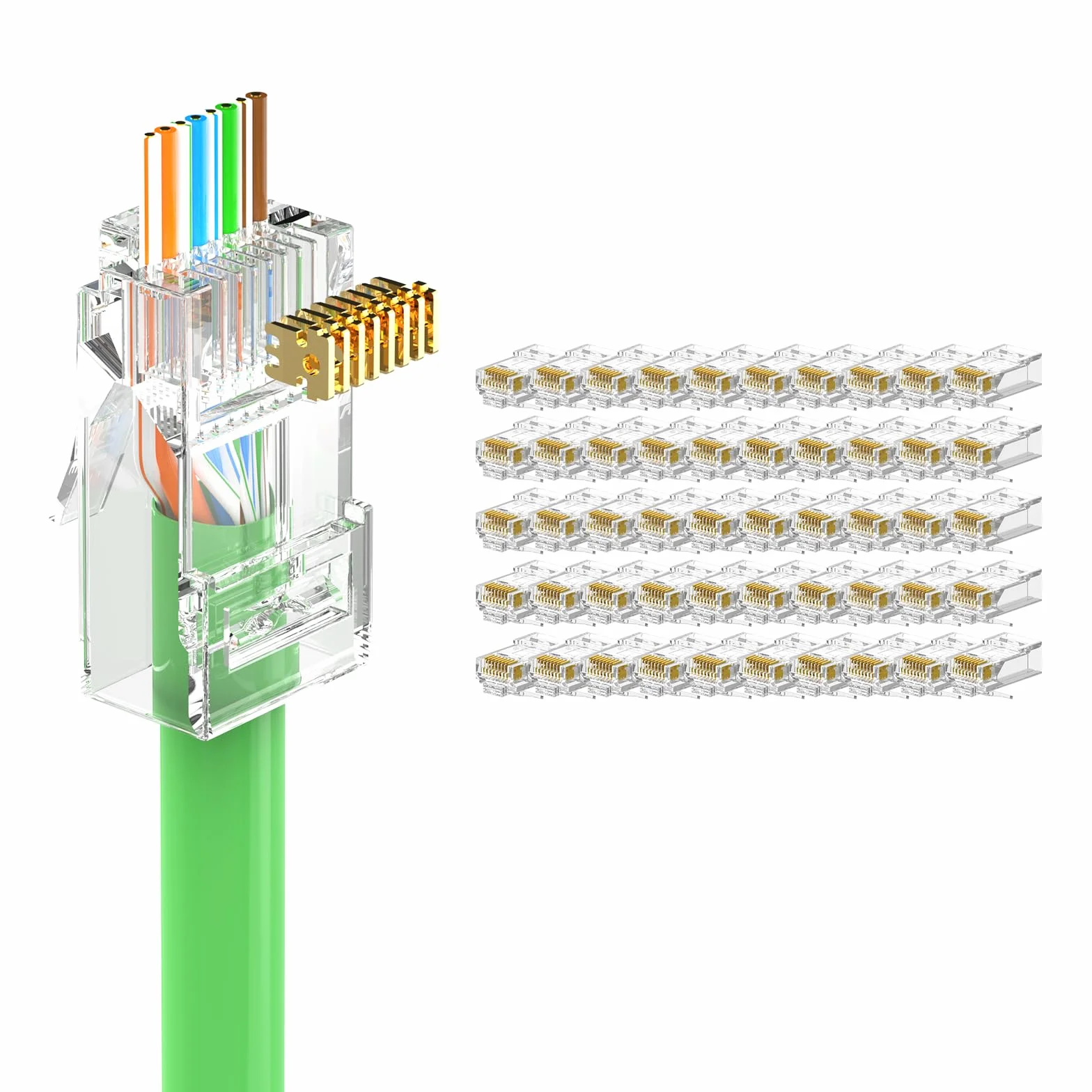 50 sztuk wtyczka RJ45 CAT6 przelotowa, złocona wtyczka sieciowa CAT6 CAT5E, 1 Gbit/s 250 MHz, UTP wtyczka Lan do kabla instalacyjnego Cat 6 Cat5E Cat5, obsługująca PoE