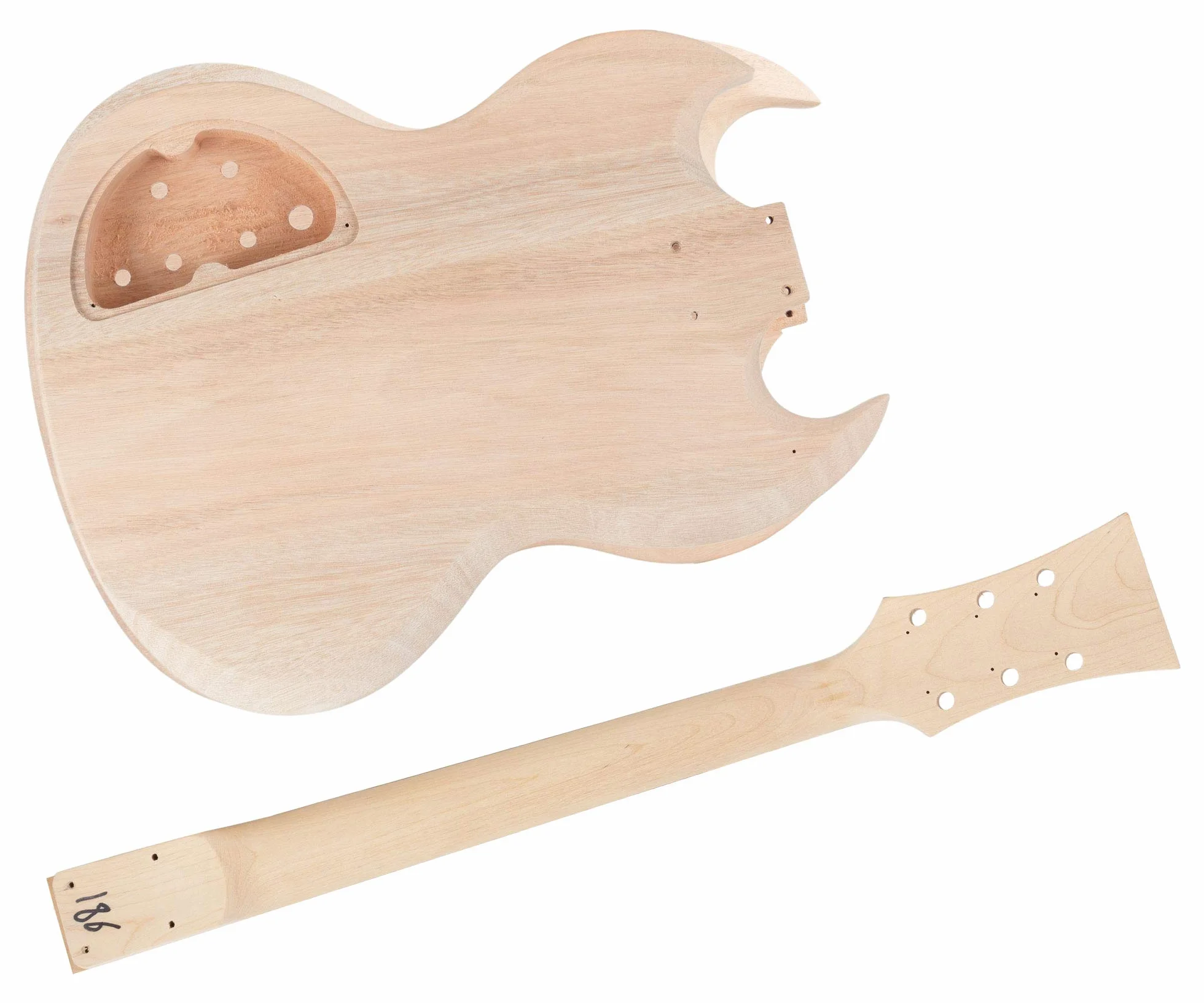 Zestaw do gitary elektrycznej DIY Rocktile Double Cut - Zestaw do gitary elektrycznej "Do-it-yourself", styl podwójnego cięcia, korpus: mahoń - rękojeść przykręcana mahoń - Podstrunnica : Blackwood