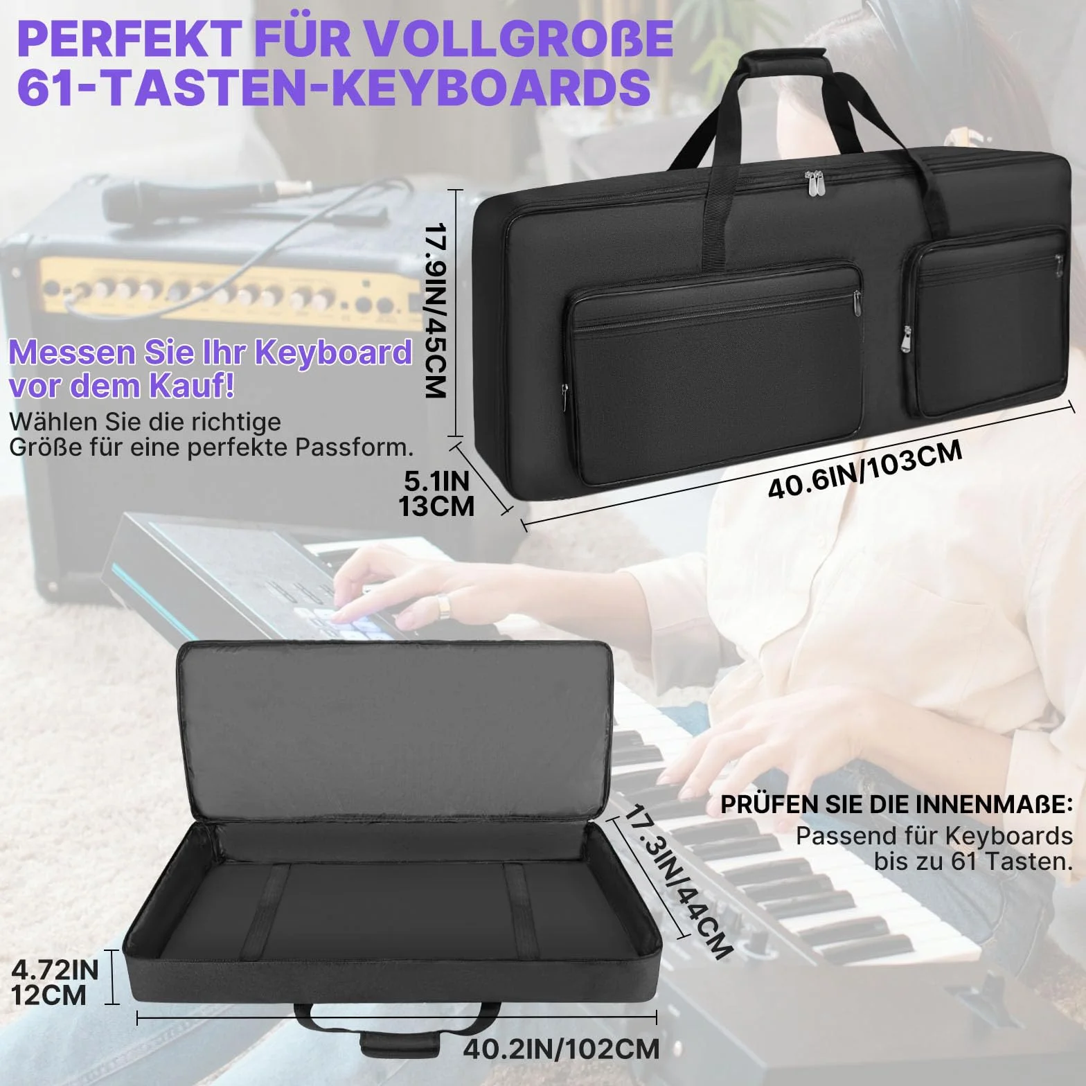 SUNDOY 49 61 76 88 Torba na keyboard – gig bag z tkaniny Oxford 600D, 8mm piankowa wyściółka, idealna do transportu keyboardów, akcesoriów muzycznych i nie tylko, czarny, Für Klaviere mit 61 Tasten