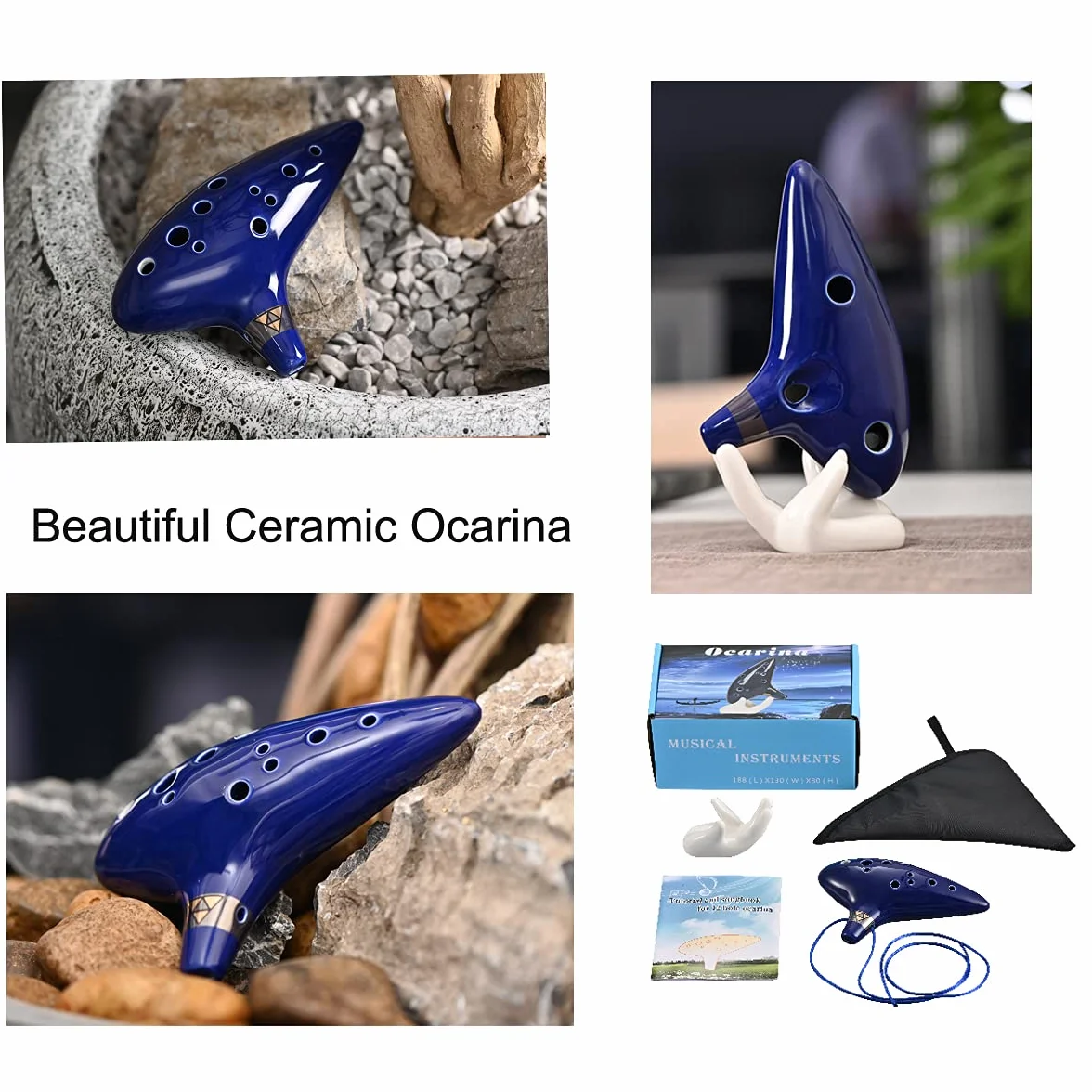 Ocarina ceramiczny piccolo z 12 otworami, alto C, instrument muzyczny, prezent dla dzieci i dorosłych, z podstawką ekspozycyjną, książka muzyczna, pasek na szyję