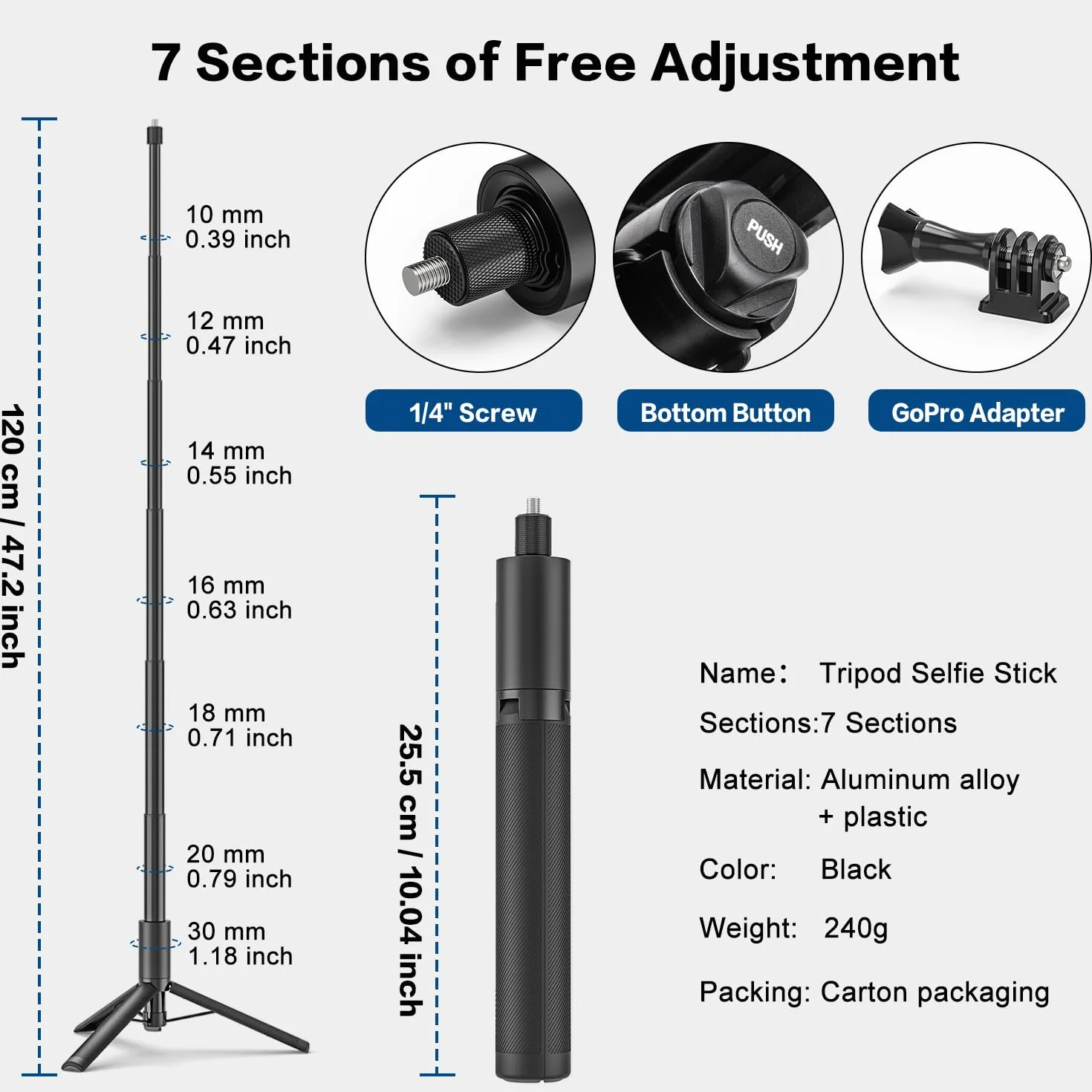 Wiseten Wysuwany Statyw Kijek do Selfie do GoPro Insta360, 120CM Wysuwany Uchwyt Selfie Vlog Przenośny Statyw Akcesoria do GoPro Hero 13 12 11 10 9 Black insta360 X3 X4 DJI Osmo Action 5 Pro