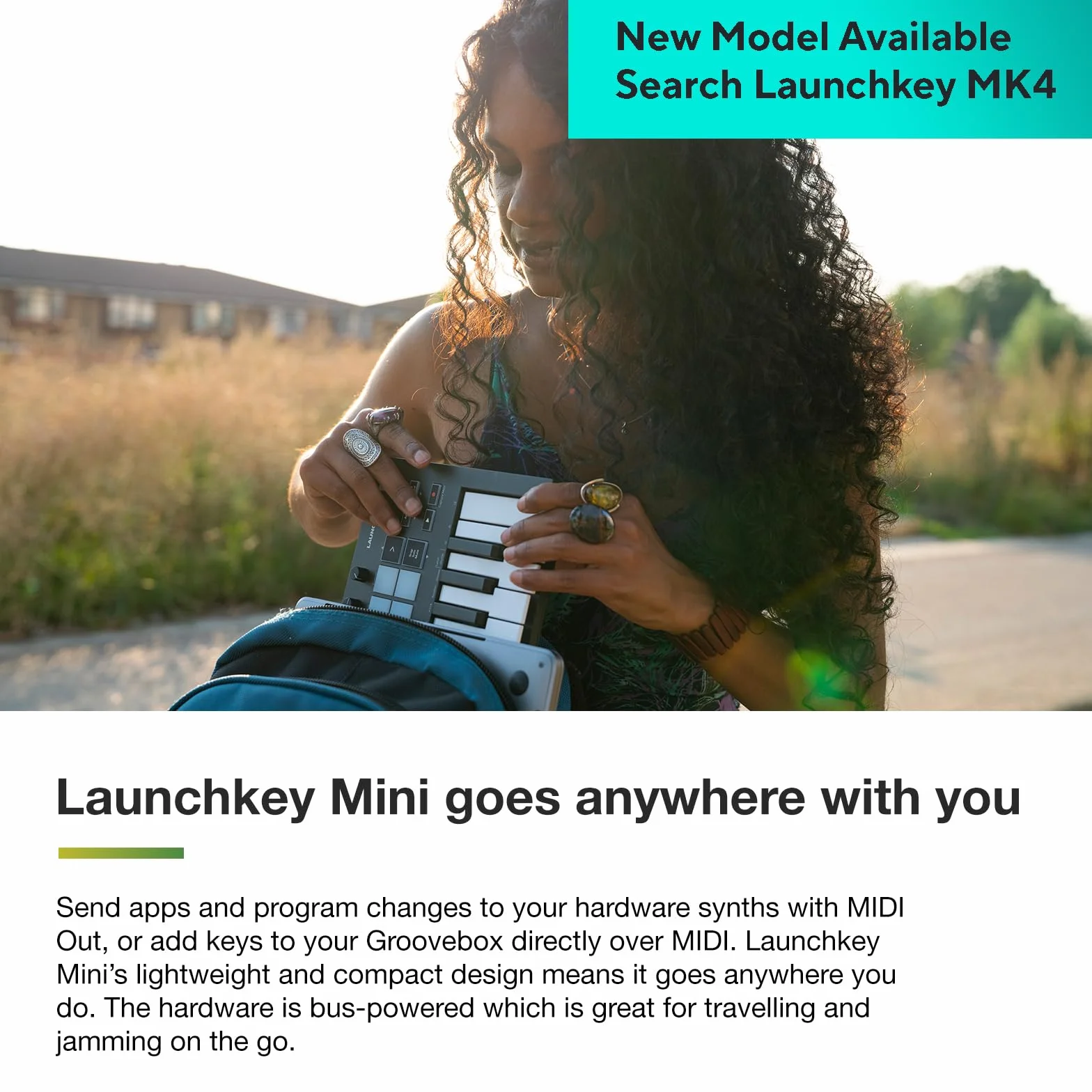 Novation Launchkey Mini (MK3), Kontroler klawiszowy MIDI, przenośny 25-klawiszowy, USB, z integracją z DAW Tryb Chord, tryb Scale i arpeggiator — do produkcji muzyki.