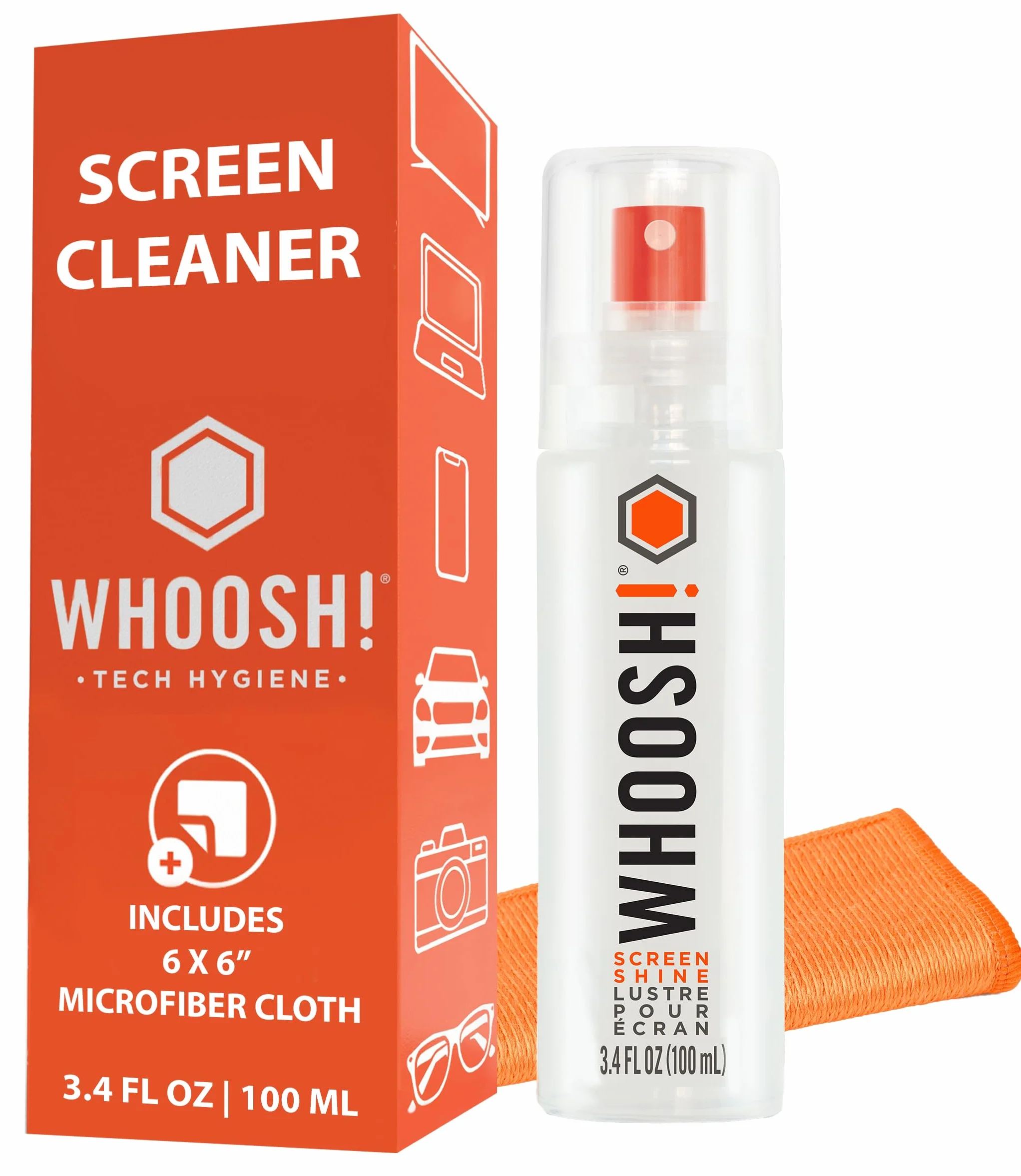 WHOOSH! Screen Shine Spray do Czyszczenia Ekranu 100 ml, Ściereczka z Mikrofibry, Bez Alkoholu, Bez Smug, TV OLED, Laptop, Smartfon, Tablet, Okulary, Samochód