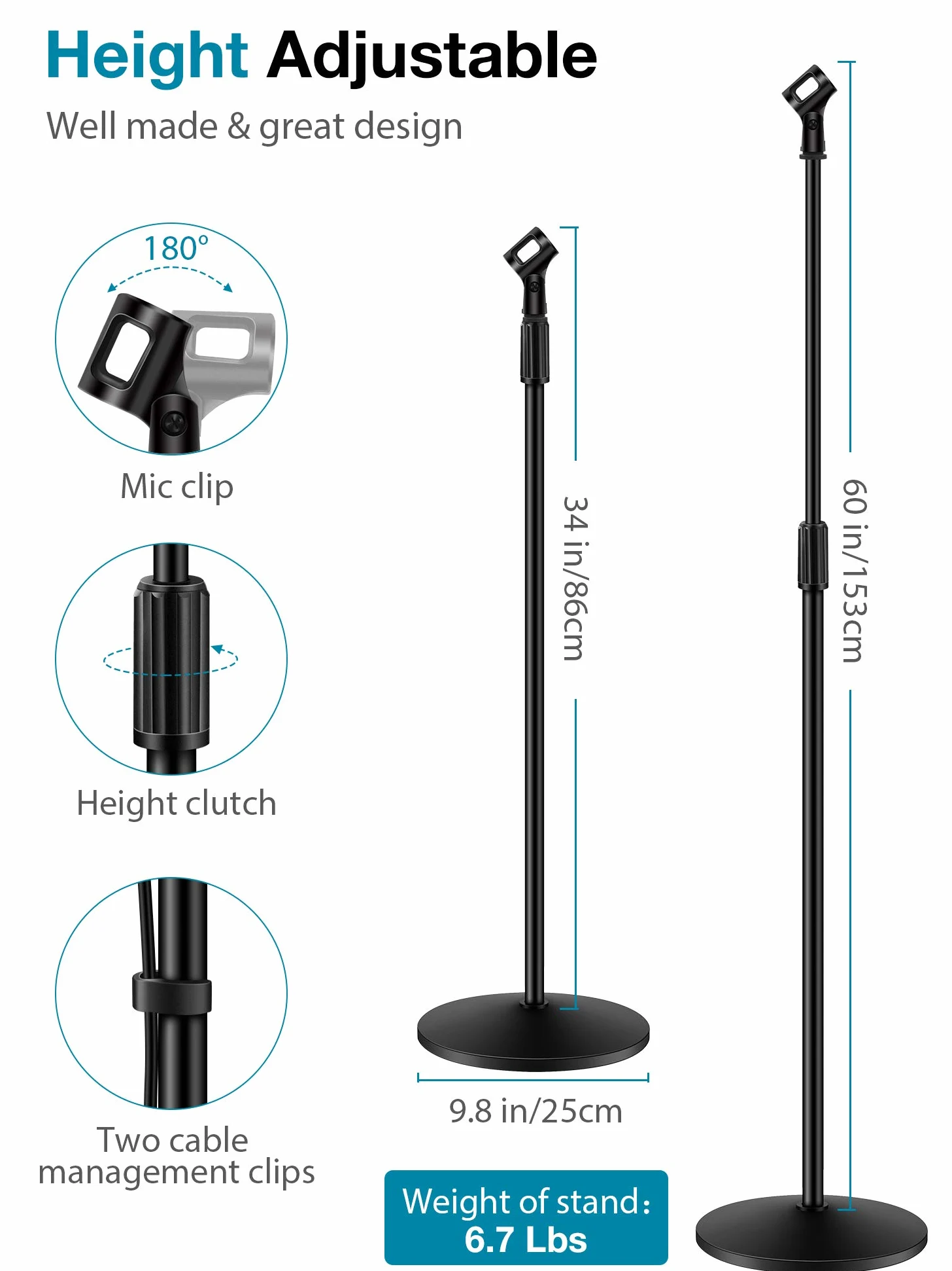 InnoGear Statyw mikrofonowy, stojak na mikrofon, podłogowy, odłączany wysięgnik, stojaki na mikrofon z obciążoną okrągłą podstawą, regulacja wysokości od 86 cm do 152 cm dla Blue Yeti HyperX QuadCast