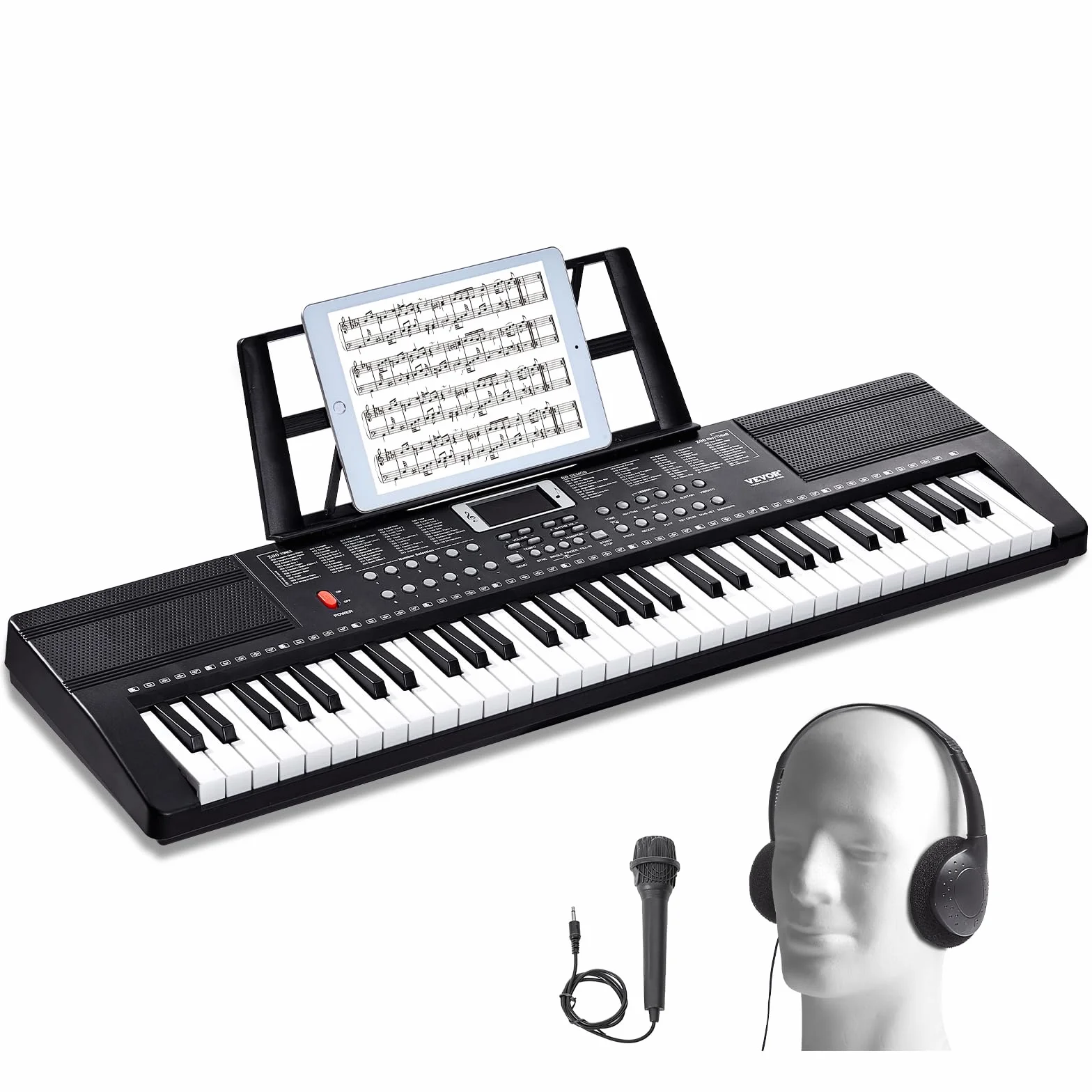VEVOR Cyfrowy fortepian z 61 klawiszami, 200 dźwiękami, 200 rytmów, przenośny elektryczny zestaw keyboard z 60 piosenkami demo, wbudowanymi podwójnymi głośnikami, słuchawkami, mikrofonem, naklejkami